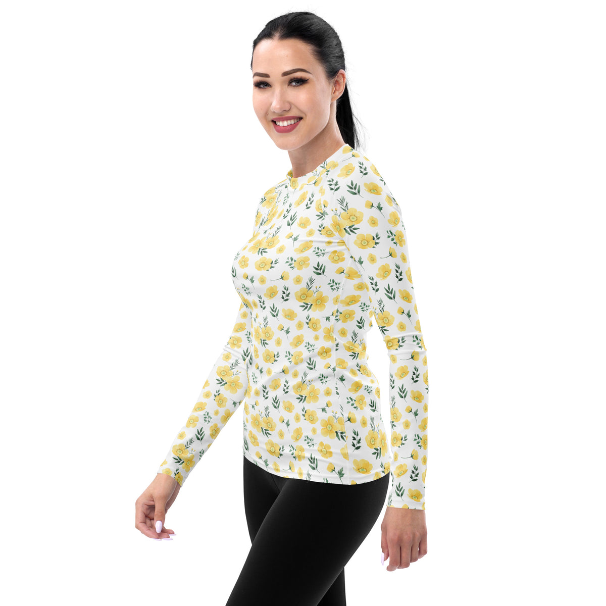 Women's Yellow Flowers Long Sleeve Rash Guard Swim Shirt – Buttery Soft, Sun Safe UPF 50+ Protection, Quick Dry & 4-Way Stretch Comfort
