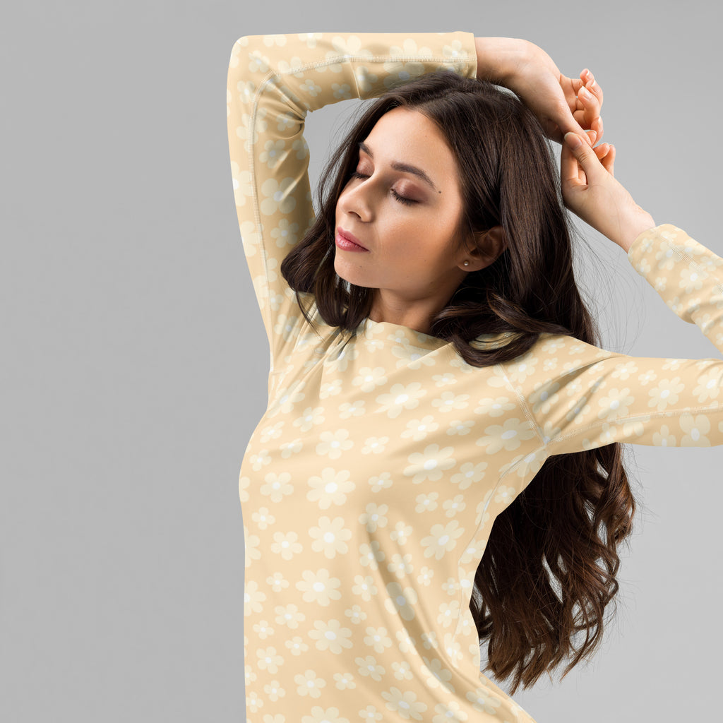 Women's Cream Daisy Long Sleeve Rash Guard Swim Shirt – Buttery Soft, Sun Safe UPF 50+ Protection, Quick Dry & 4-Way Stretch Comfort