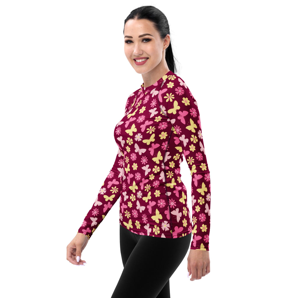 Women's Burgundy Pink Floral Butterfly Long Sleeve Rash Guard Swim Shirt – Buttery Soft, Sun Safe UPF 50+ Protection, Quick Dry & 4-Way Stretch Comfort