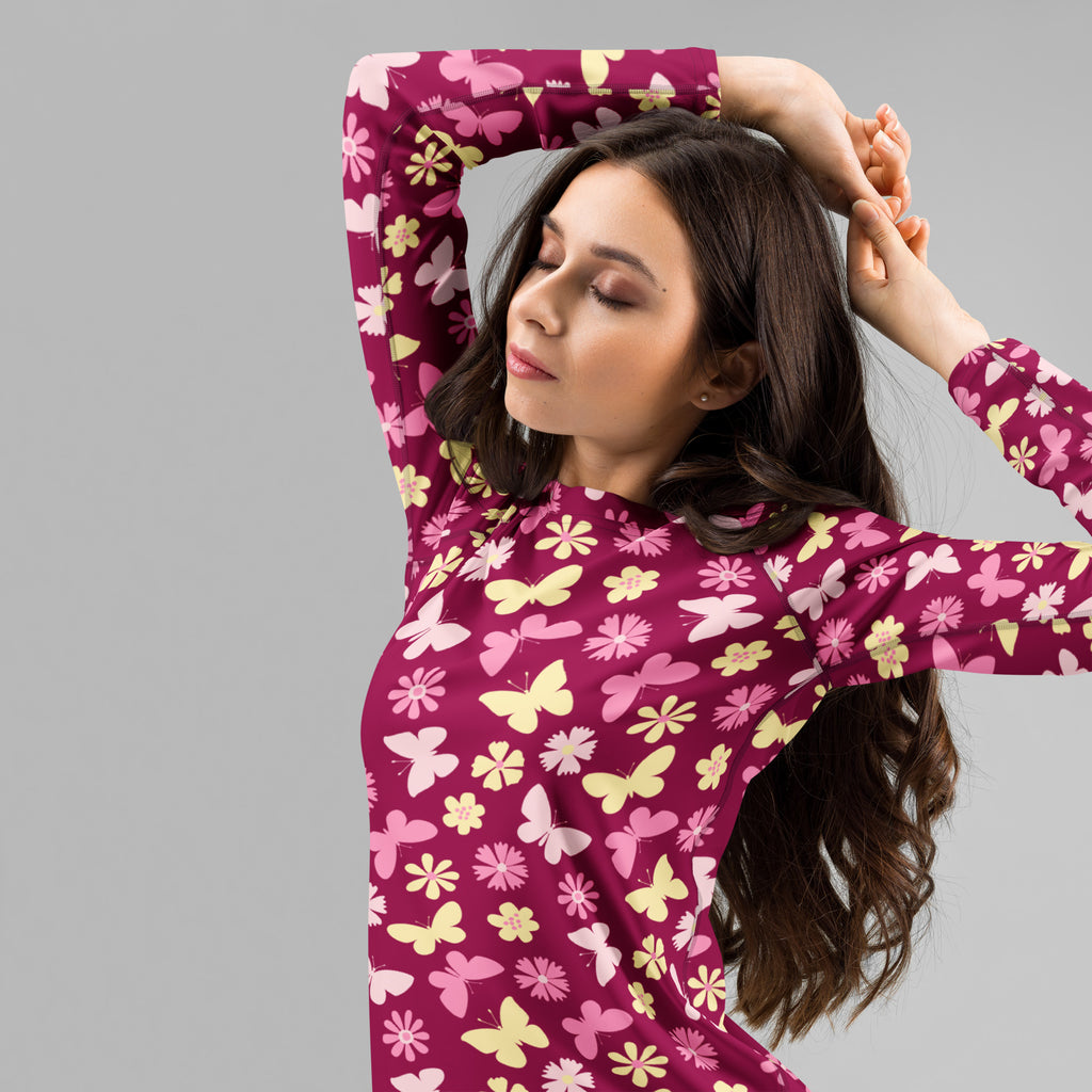 Women's Burgundy Pink Floral Butterfly Long Sleeve Rash Guard Swim Shirt – Buttery Soft, Sun Safe UPF 50+ Protection, Quick Dry & 4-Way Stretch Comfort