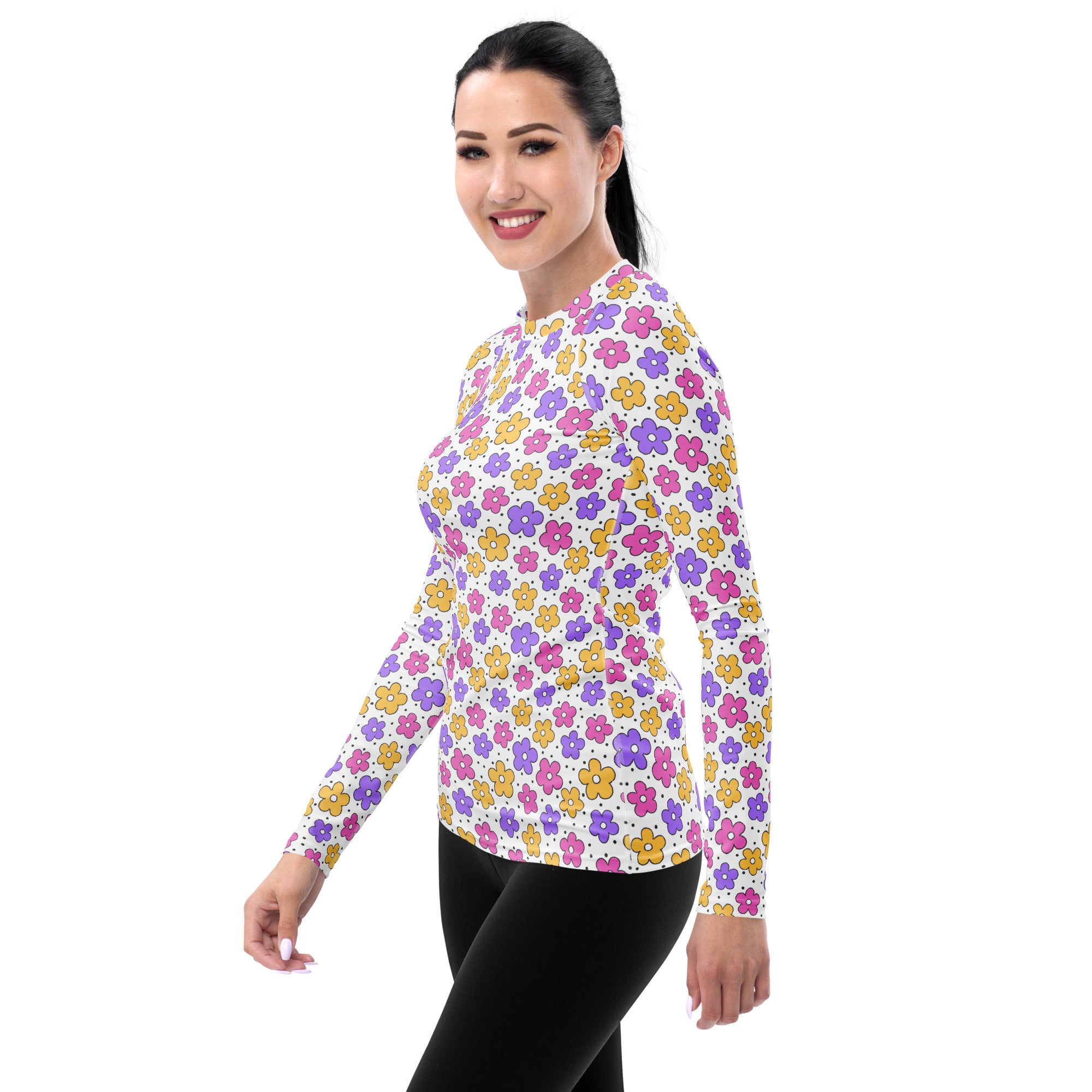 Women's Pink Purple Yellow Retro Flower Long Sleeve Rash Guard Swim Shirt – Buttery Soft, Sun Safe UPF 50+ Protection, Quick Dry & 4-Way Stretch Comfort