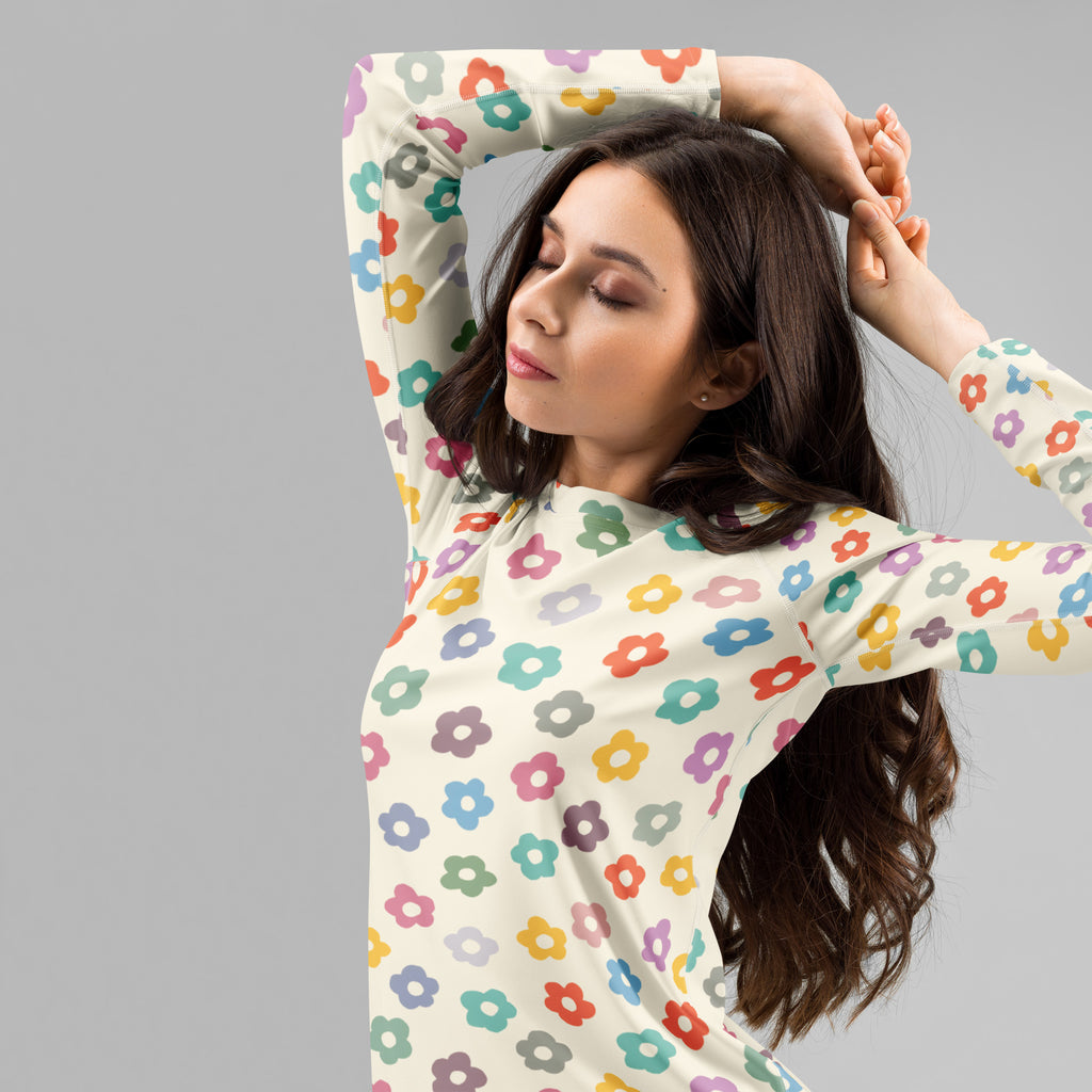 Women's Multicolor Retro Flower Long Sleeve Rash Guard Swim Shirt – Buttery Soft, Sun Safe UPF 50+ Protection, Quick Dry & 4-Way Stretch Comfort