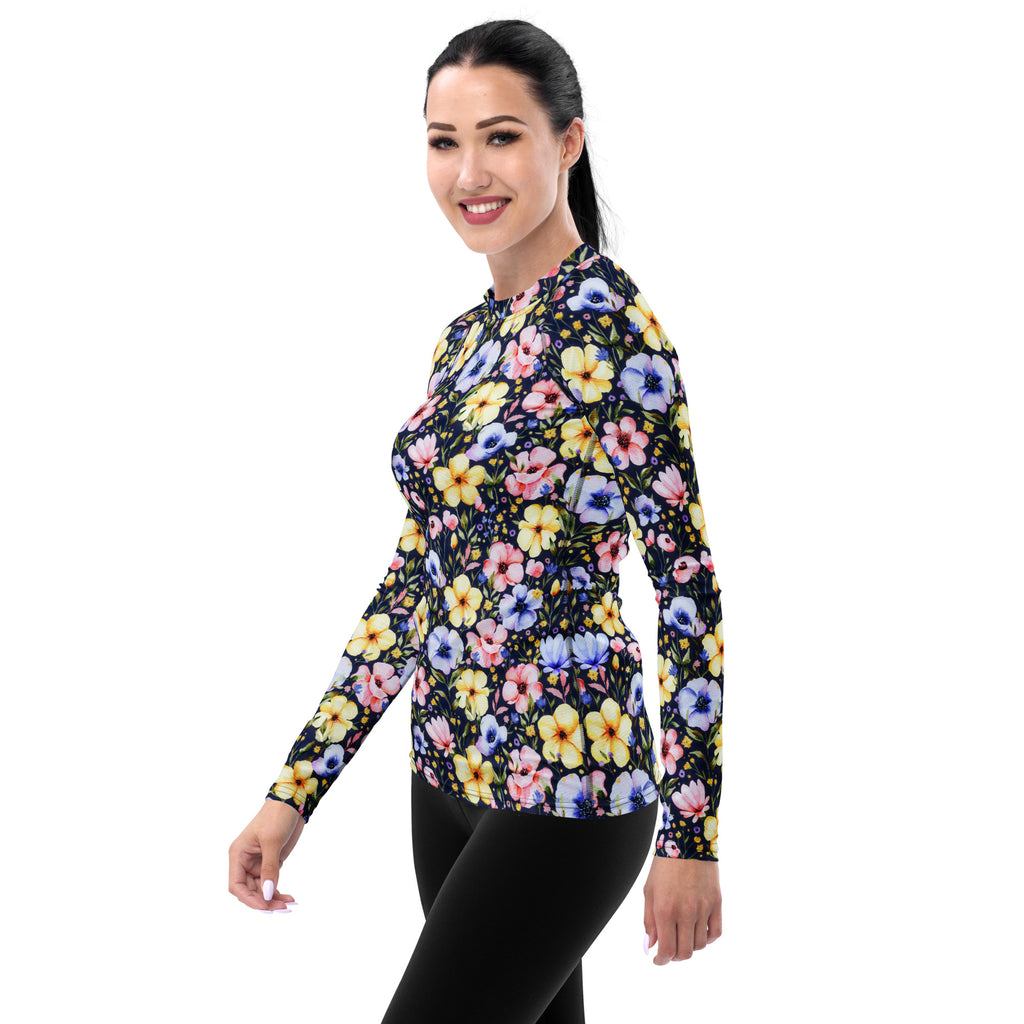 Women's Navy Watercolor Wildflower Long Sleeve Rash Guard Swim Shirt – Buttery Soft, Sun Safe UPF 50+ Protection, Quick Dry & 4-Way Stretch Comfort