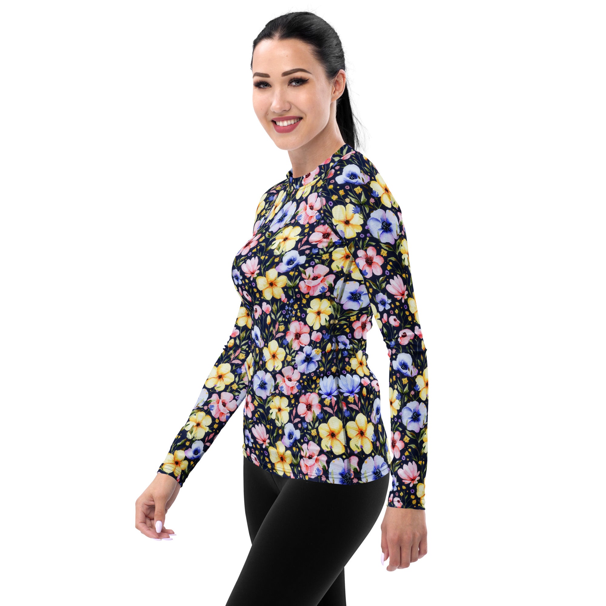 Women's Navy Watercolor Wildflower Long Sleeve Rash Guard Swim Shirt – Buttery Soft, Sun Safe UPF 50+ Protection, Quick Dry & 4-Way Stretch Comfort