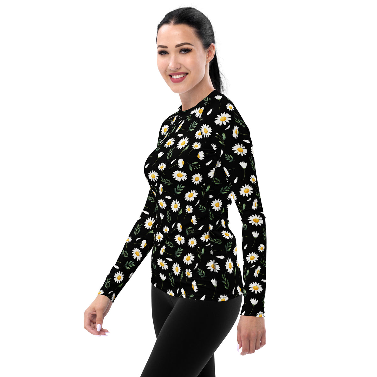 Women's Black Daisy Long Sleeve Rash Guard Swim Shirt – Buttery Soft, Sun Safe UPF 50+ Protection, Quick Dry & 4-Way Stretch Comfort
