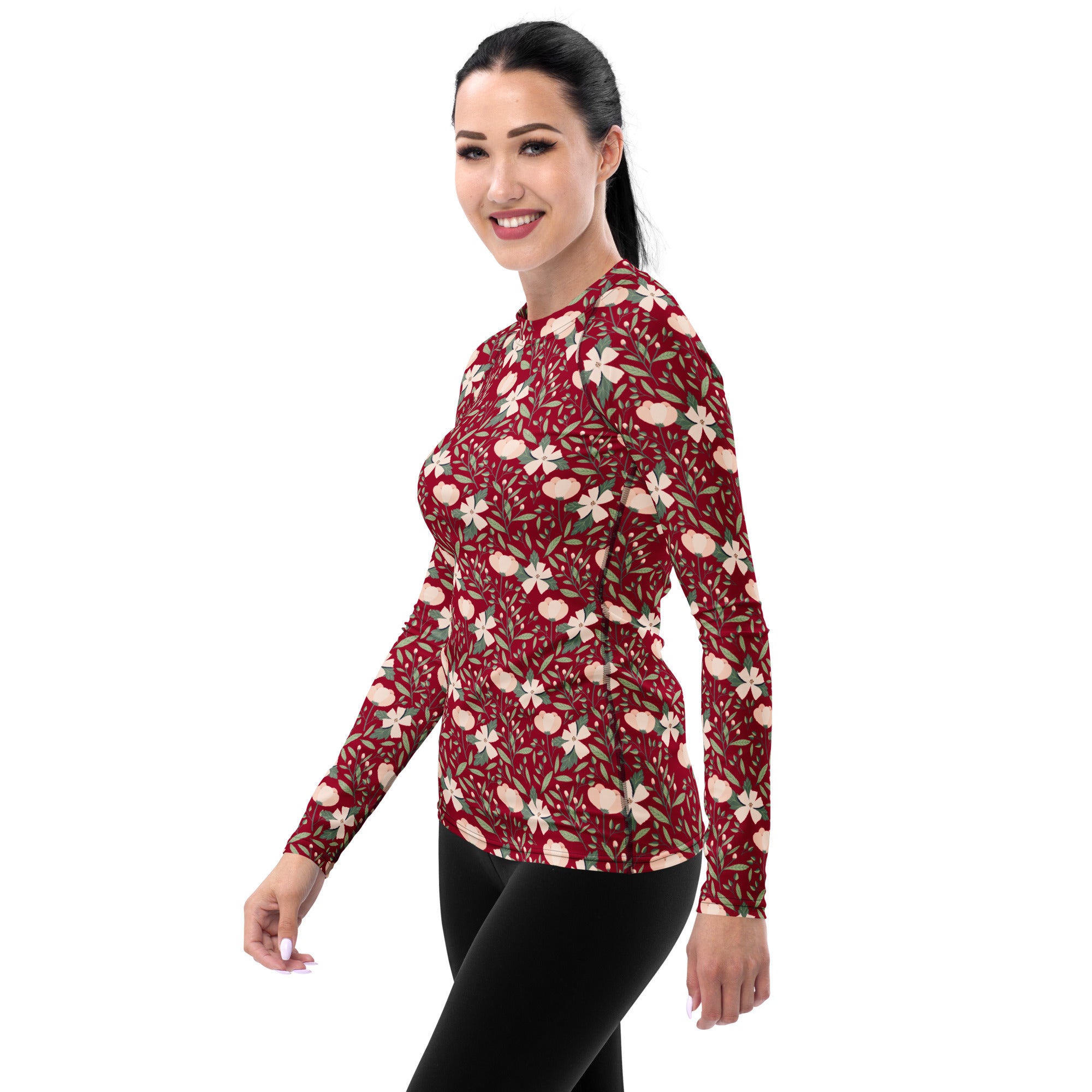Women's Dark Red Floral Long Sleeve Rash Guard Swim Shirt – Buttery Soft, Sun Safe UPF 50+ Protection, Quick Dry & 4-Way Stretch Comfort
