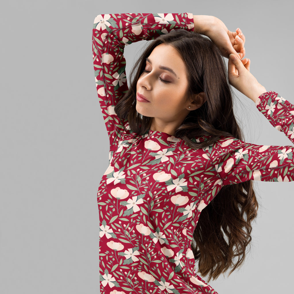 Women's Dark Red Floral Long Sleeve Rash Guard Swim Shirt – Buttery Soft, Sun Safe UPF 50+ Protection, Quick Dry & 4-Way Stretch Comfort