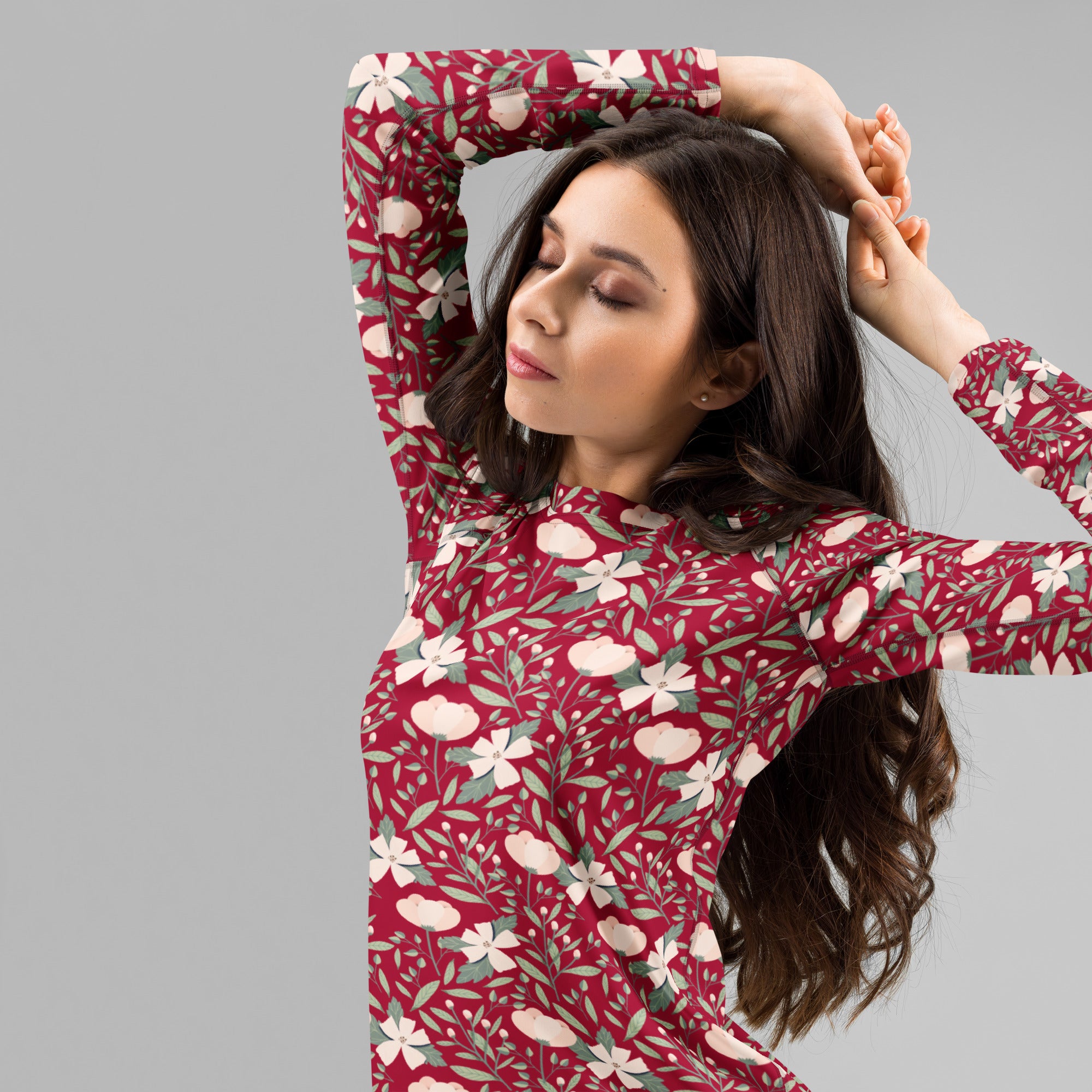 Women's Dark Red Floral Long Sleeve Rash Guard Swim Shirt – Buttery Soft, Sun Safe UPF 50+ Protection, Quick Dry & 4-Way Stretch Comfort