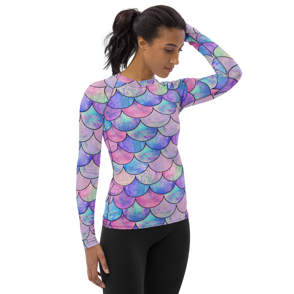 Women's Pastel Mermaid Buttery Soft Long Sleeve Rash Guard Swim Shirt With UPF 50+