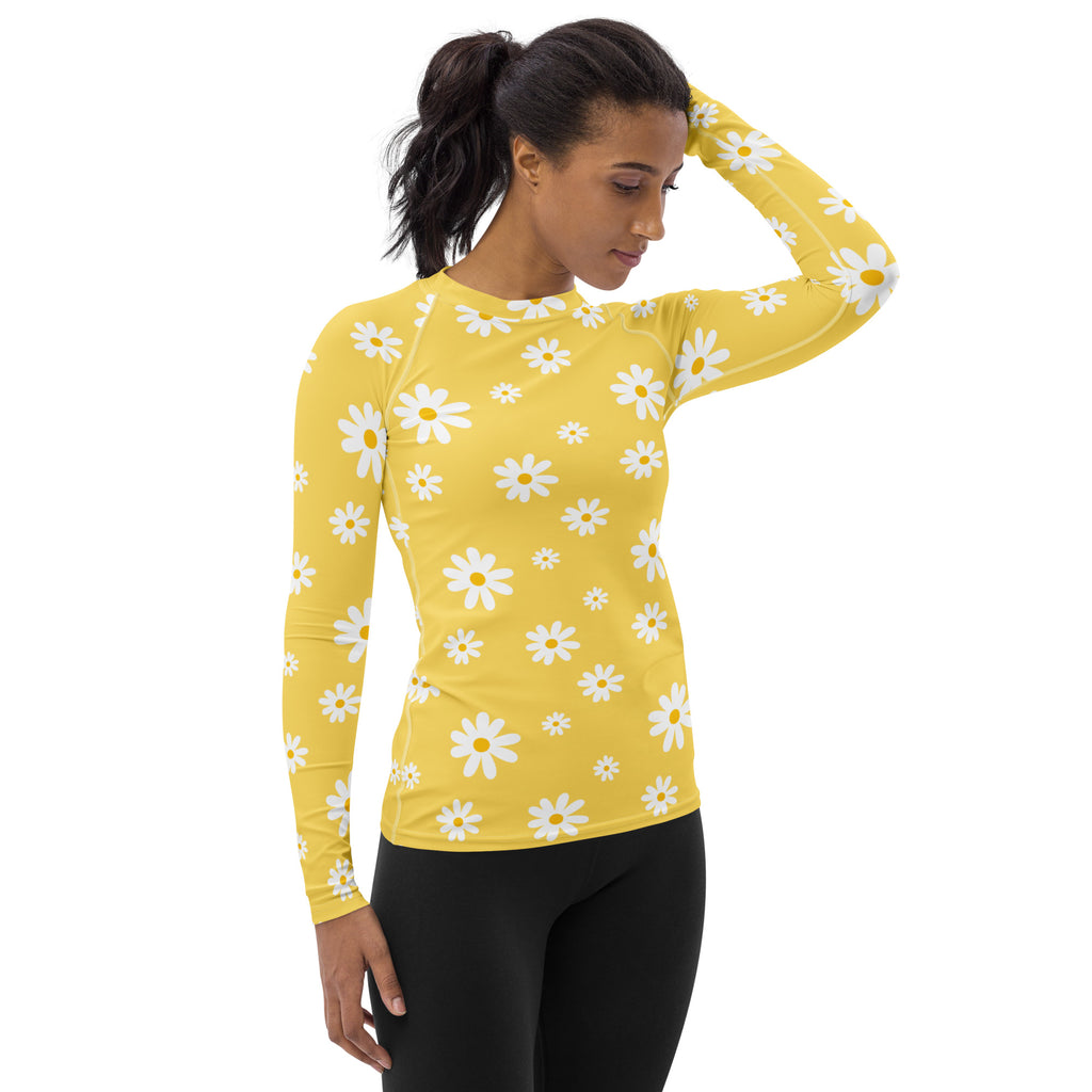 Women's Yellow Daisy Buttery Soft Long Sleeve Rash Guard Swim Shirt With UPF 50+