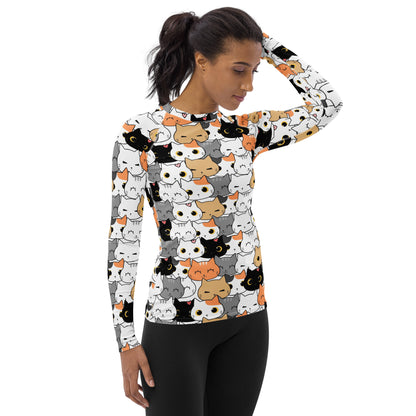 Women's Cat Face Buttery Soft Long Sleeve Rash Guard Swim Shirt With UPF 50+