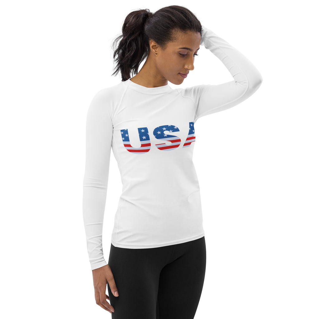White long sleeve buttery soft rash guard swim shirt with usa american flag graphic and upf 50 plus protection
