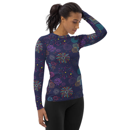 Women's Colorful Fireworks Buttery Soft Long Sleeve Rash Guard Swim Shirt With UPF 50+