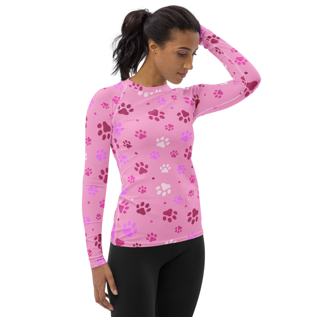 Women pink paw print buttery soft long sleeve rash guard swim shirt with upf 50 plus featuring playful paw pattern