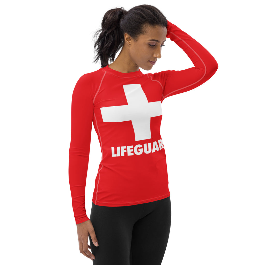 Women’s red long sleeve rash guard swim shirt with white cross lifeguard text buttery soft fabric upf 50+