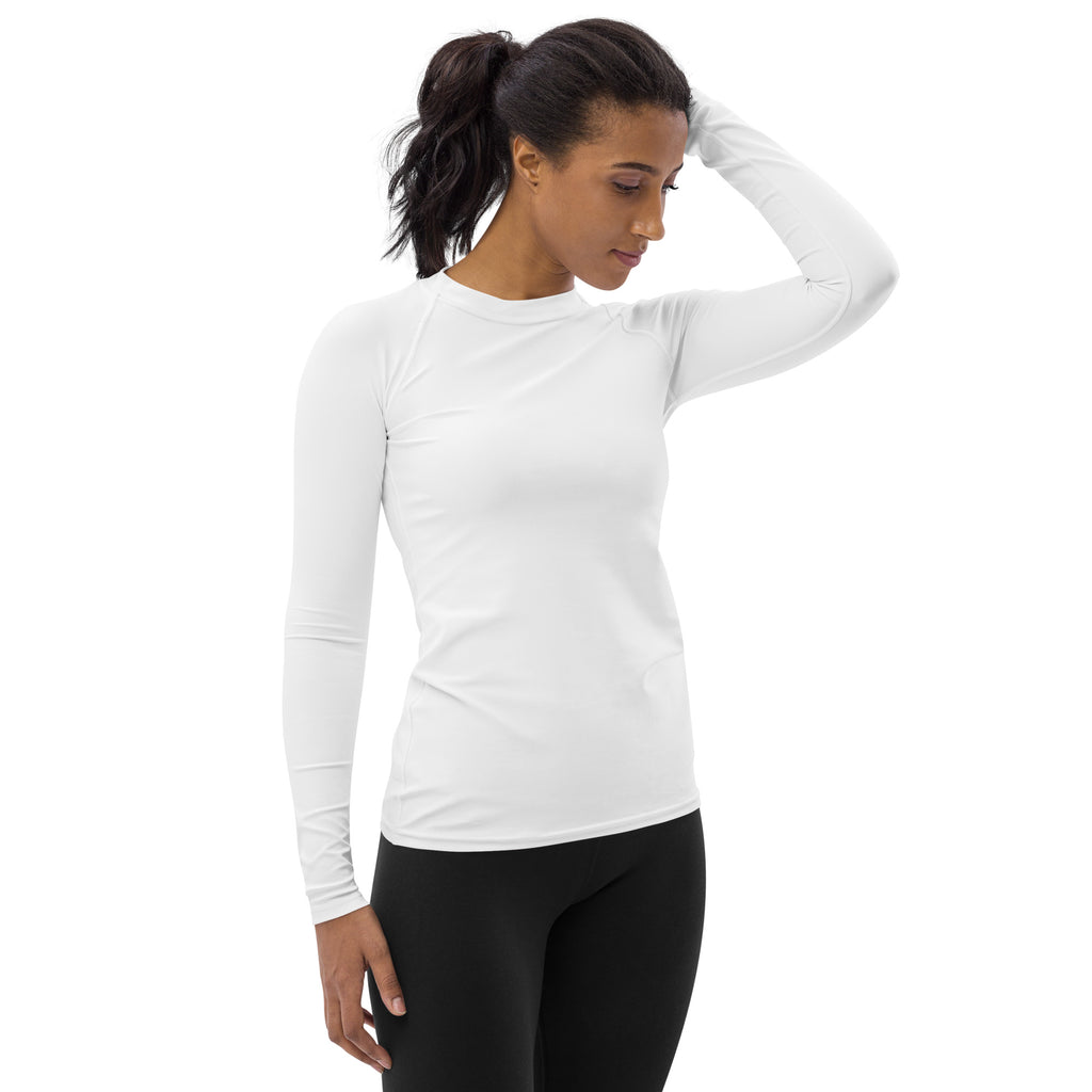 Women’s white buttery soft long sleeve rash guard swim shirt with upf 50 plus shown from the back