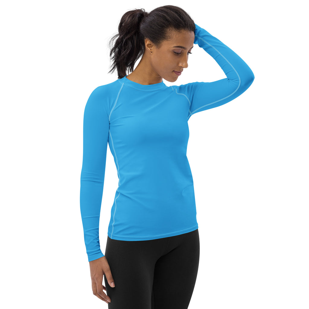 Women’s sky blue buttery soft long sleeve rash guard swim shirt with upf 50 and subtle white seam detailing