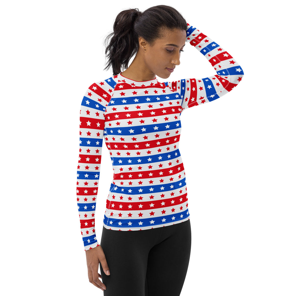 Women's Striped Red White and Blue Stars Long Sleeve Rash Guard Swim Shirt – Buttery Soft, Sun Safe UPF 50+ Protection, Quick Dry & 4-Way Stretch Comfort