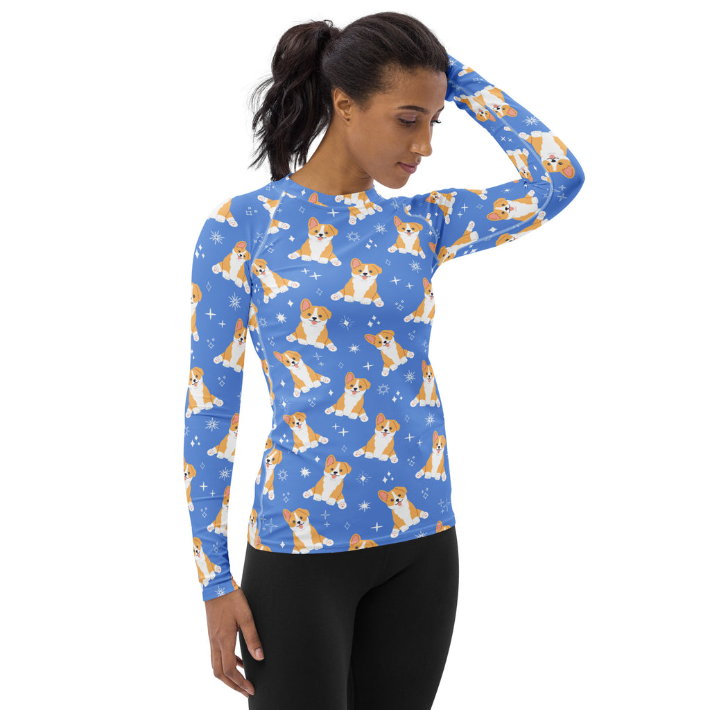 Women's Blue Corgi Dog Long Sleeve Rash Guard Swim Shirt – Buttery Soft, Sun Safe UPF 50+ Protection, Quick Dry & 4-Way Stretch Comfort