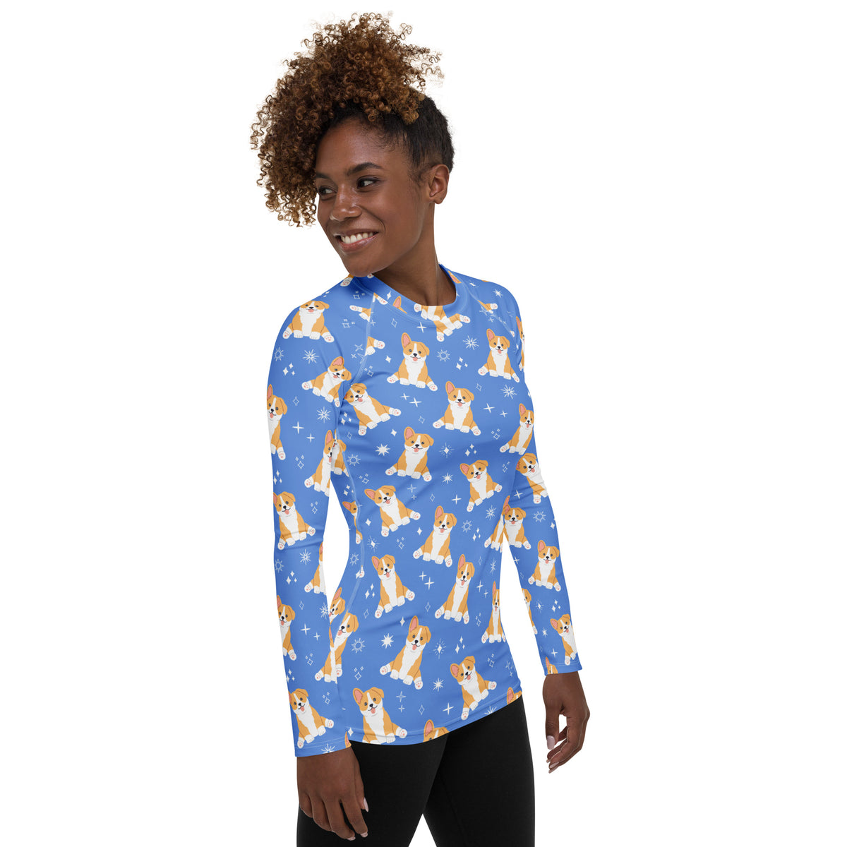 Women's Blue Corgi Dog Long Sleeve Rash Guard Swim Shirt – Buttery Soft, Sun Safe UPF 50+ Protection, Quick Dry & 4-Way Stretch Comfort