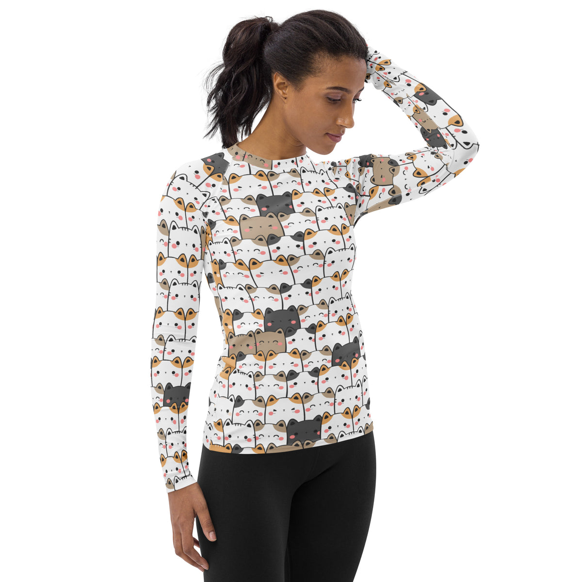 Women's Kawaii Cat Face Long Sleeve Rash Guard Swim Shirt – Buttery Soft, Sun Safe UPF 50+ Protection, Quick Dry & 4-Way Stretch Comfort