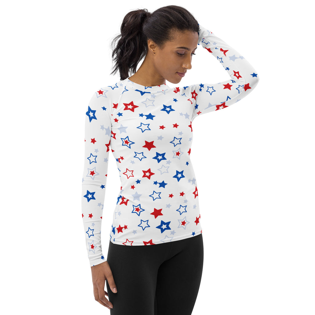 Women's Red White and Blue Stars Long Sleeve Rash Guard Swim Shirt – Buttery Soft, Sun Safe UPF 50+ Protection, Quick Dry & 4-Way Stretch Comfort