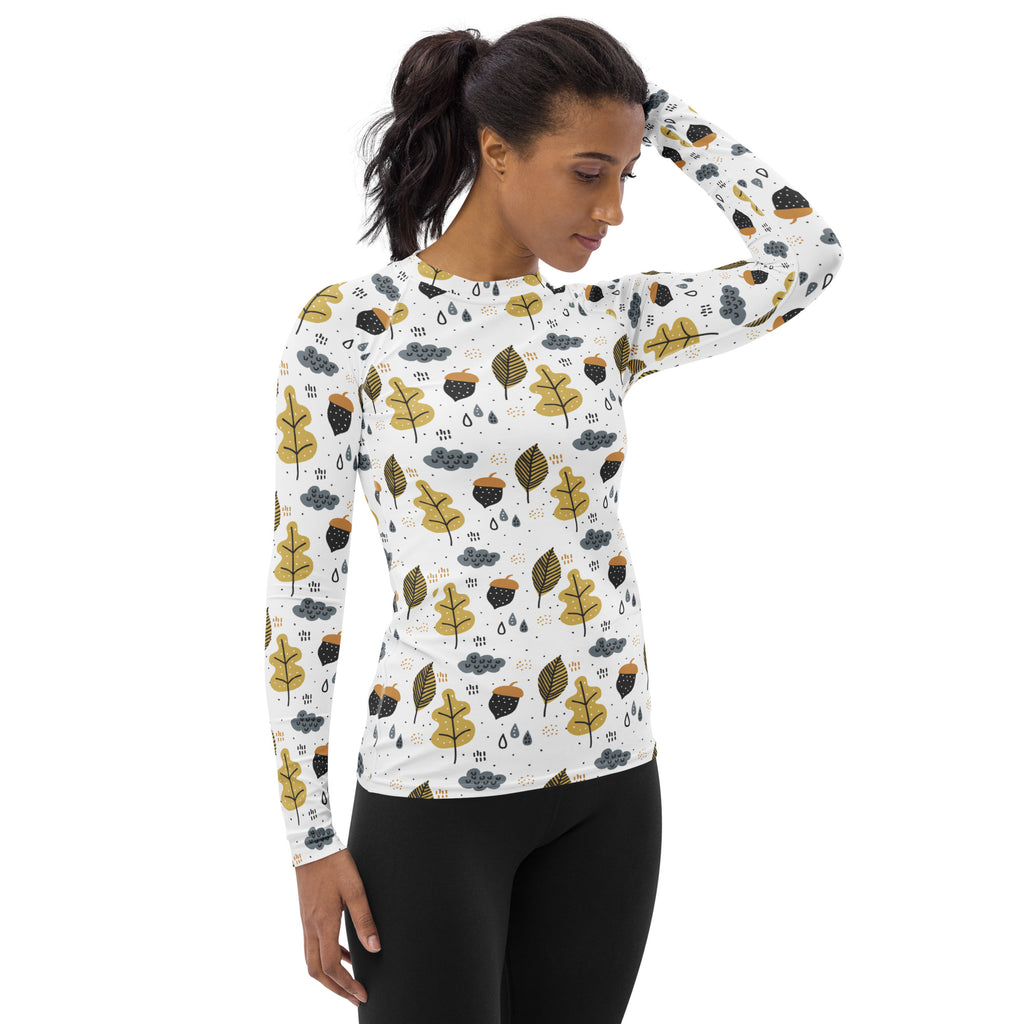 Women's Autumn Leaves and Acorns Long Sleeve Rash Guard Swim Shirt – Buttery Soft, Sun Safe UPF 50+ Protection, Quick Dry & 4-Way Stretch Comfort