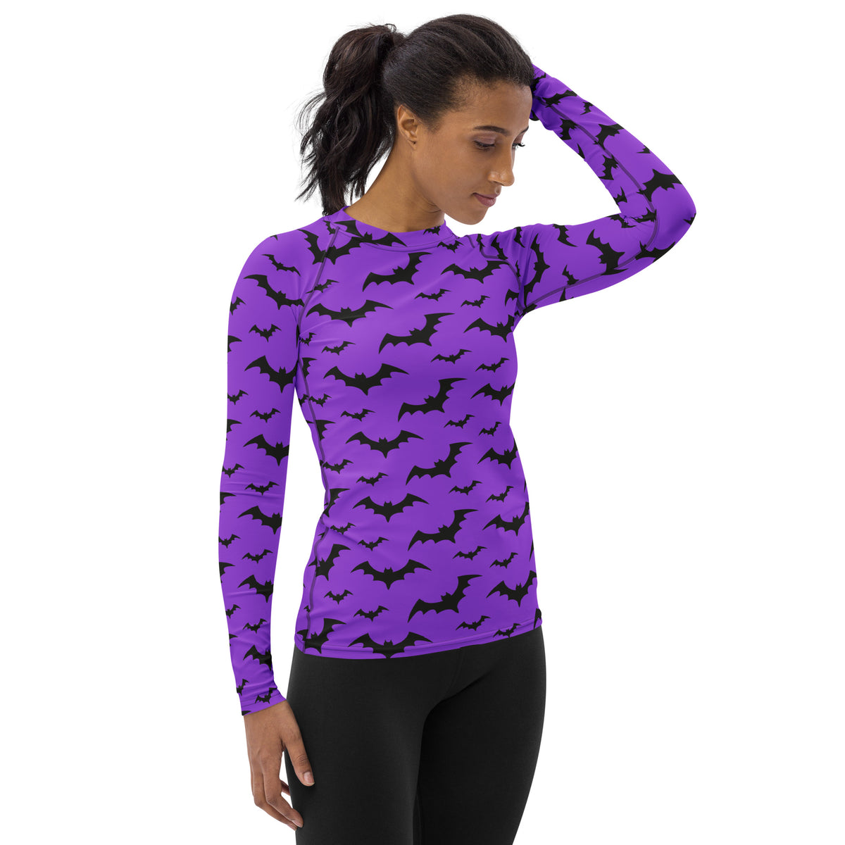 Women's Purple Bat Halloween Long Sleeve Rash Guard Swim Shirt – Buttery Soft, Sun Safe UPF 50+ Protection, Quick Dry & 4-Way Stretch Comfort