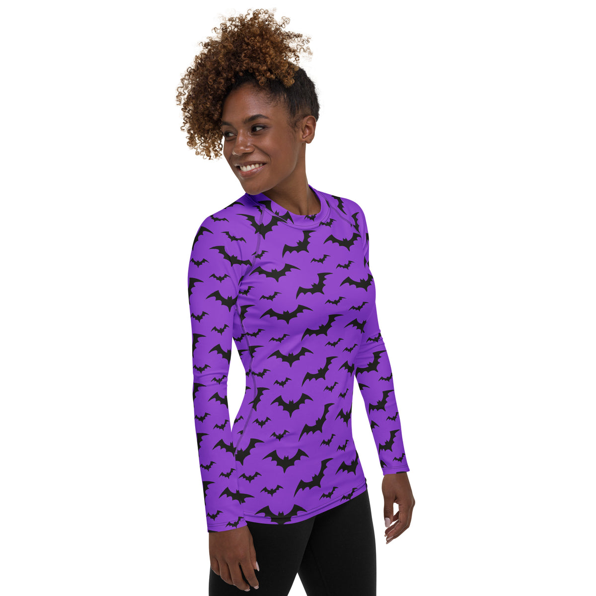 Women's Purple Bat Halloween Long Sleeve Rash Guard Swim Shirt – Buttery Soft, Sun Safe UPF 50+ Protection, Quick Dry & 4-Way Stretch Comfort
