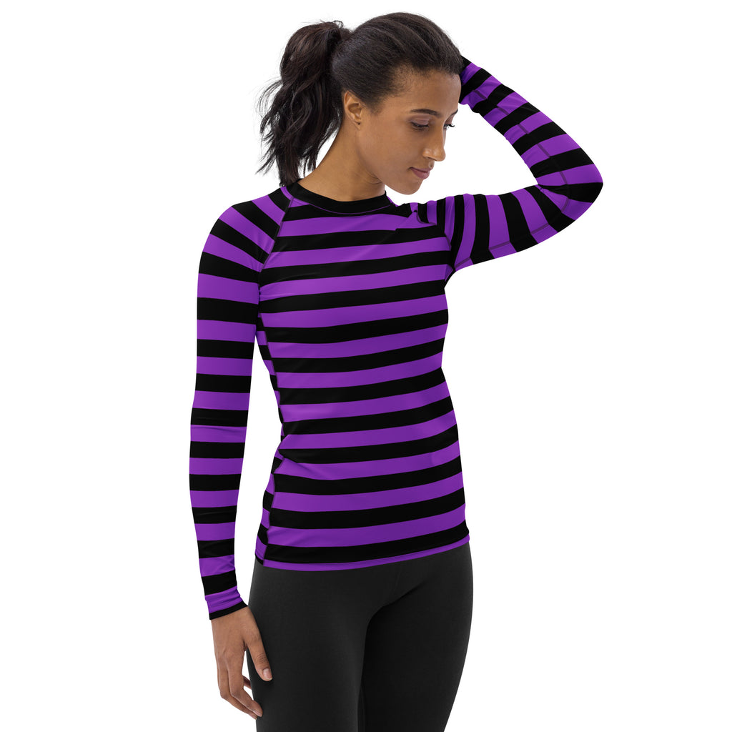 Women's Purple and Black Striped Halloween Long Sleeve Rash Guard Swim Shirt – Buttery Soft, Sun Safe UPF 50+ Protection, Quick Dry & 4-Way Stretch Comfort