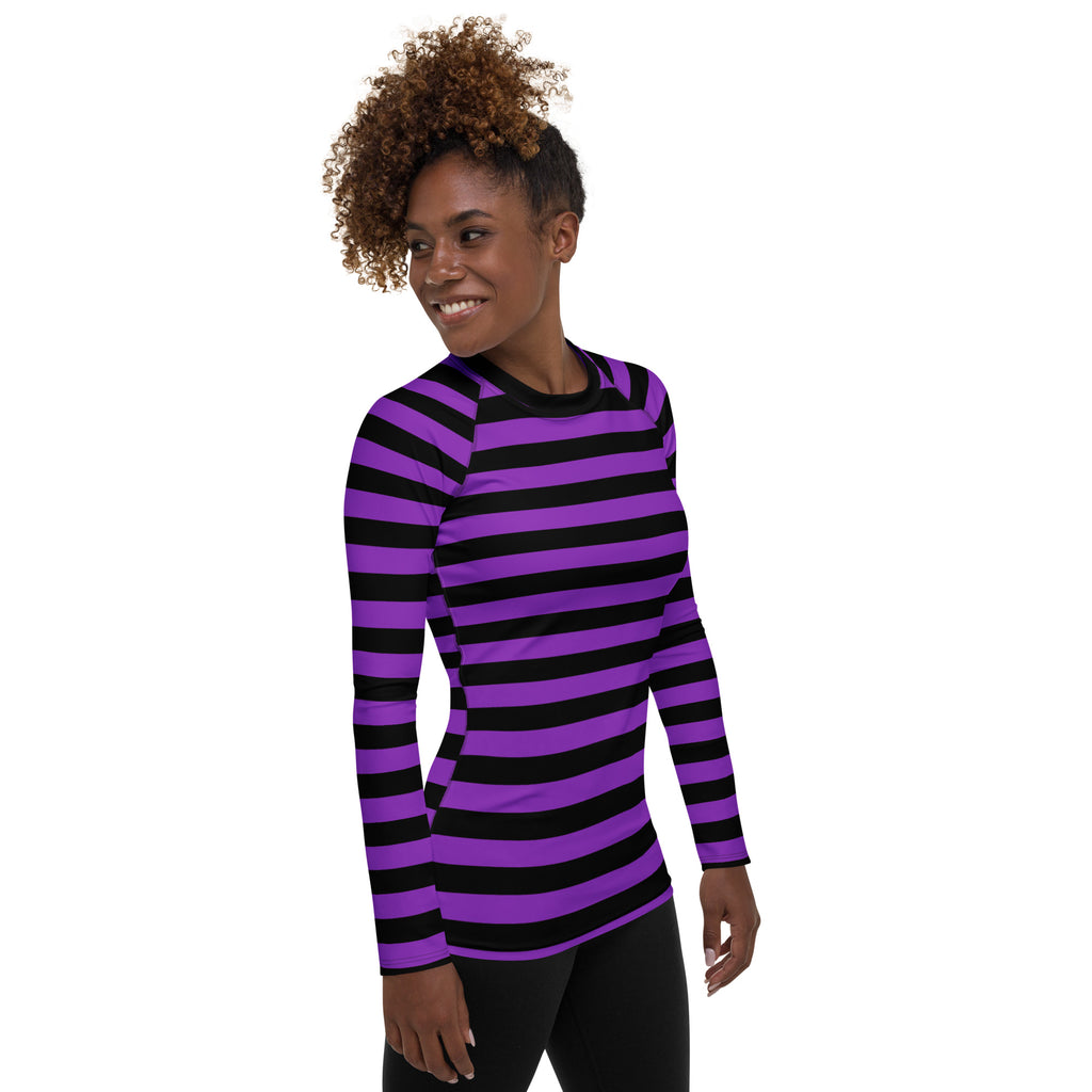 Women's Purple and Black Striped Halloween Long Sleeve Rash Guard Swim Shirt – Buttery Soft, Sun Safe UPF 50+ Protection, Quick Dry & 4-Way Stretch Comfort