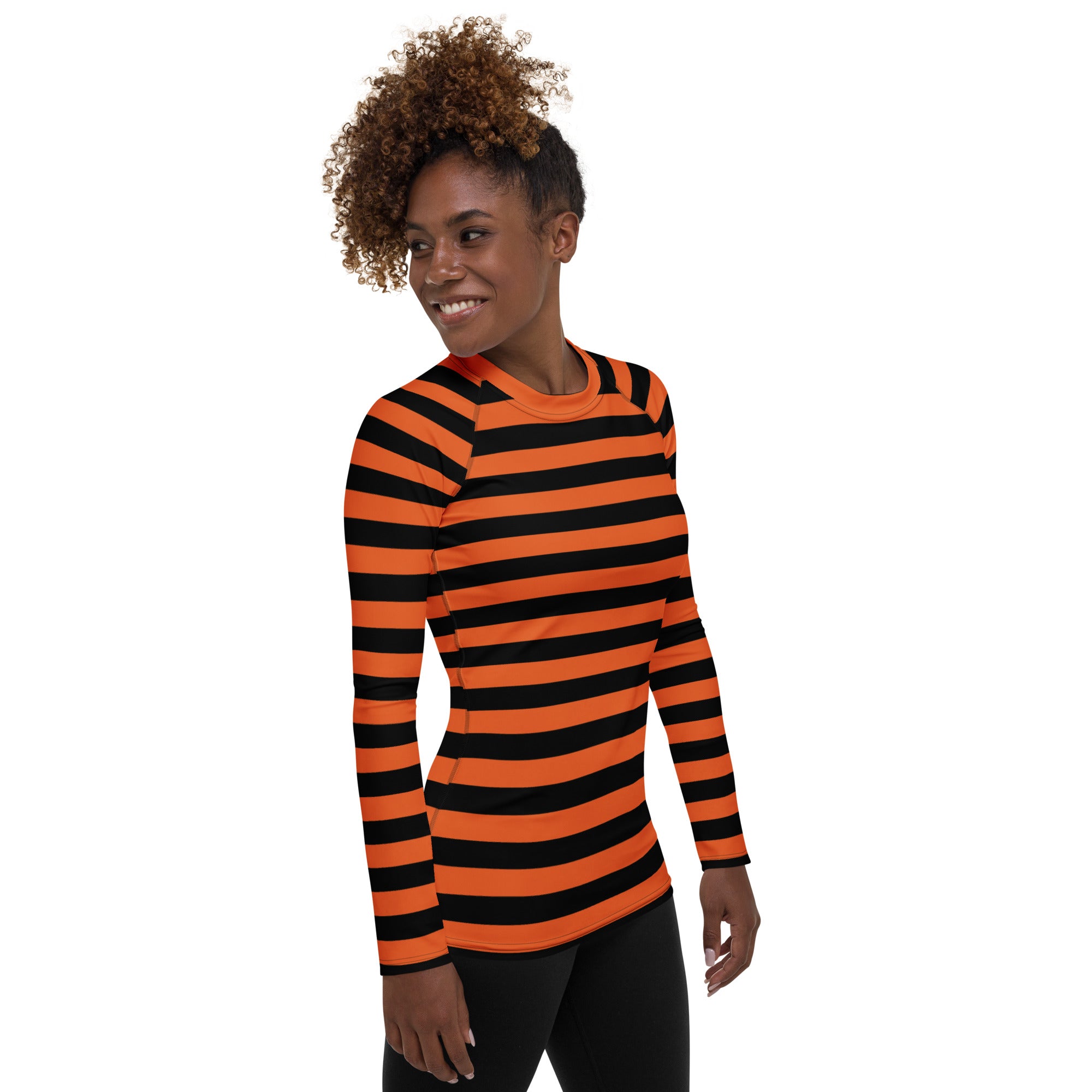 Women's Orange and Black Striped Halloween Long Sleeve Rash Guard Swim Shirt – Buttery Soft, Sun Safe UPF 50+ Protection, Quick Dry & 4-Way Stretch Comfort