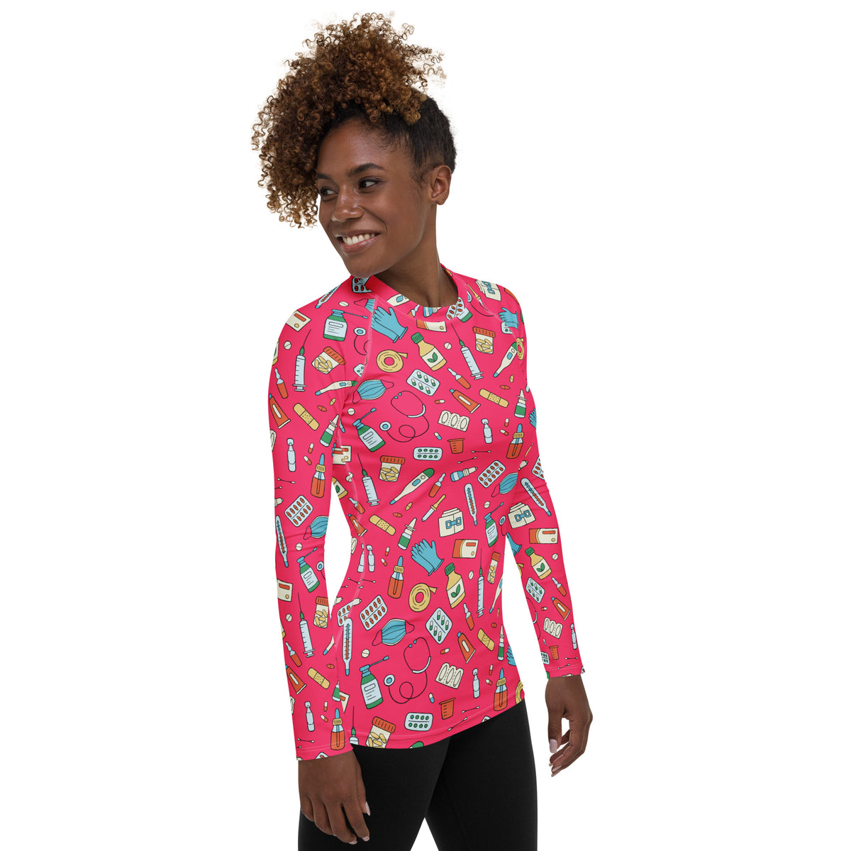 Women's Pink Nurse Themed Long Sleeve Rash Guard Swim Shirt – Buttery Soft, Sun Safe UPF 50+ Protection, Quick Dry & 4-Way Stretch Comfort
