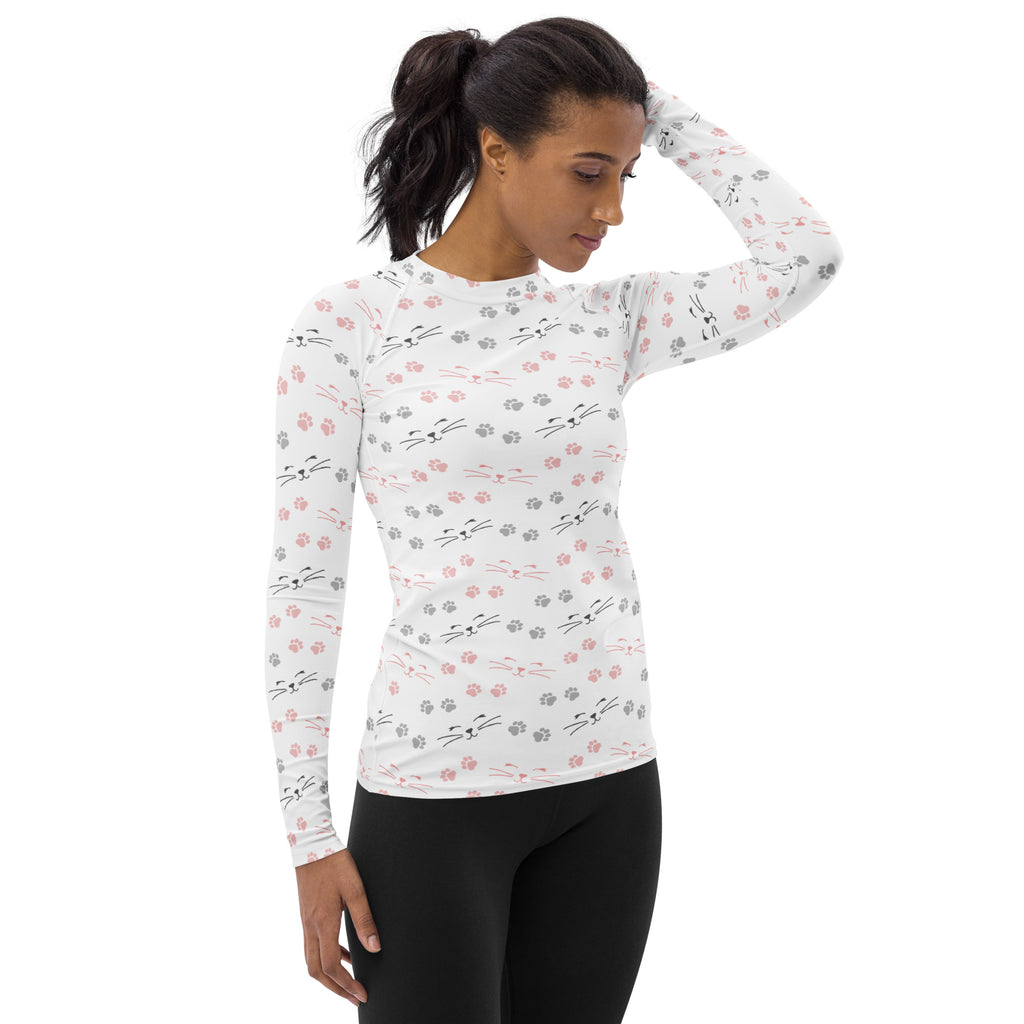 Women's Cat Face and Paw Print Long Sleeve Rash Guard Swim Shirt – Buttery Soft, Sun Safe UPF 50+ Protection, Quick Dry & 4-Way Stretch Comfort