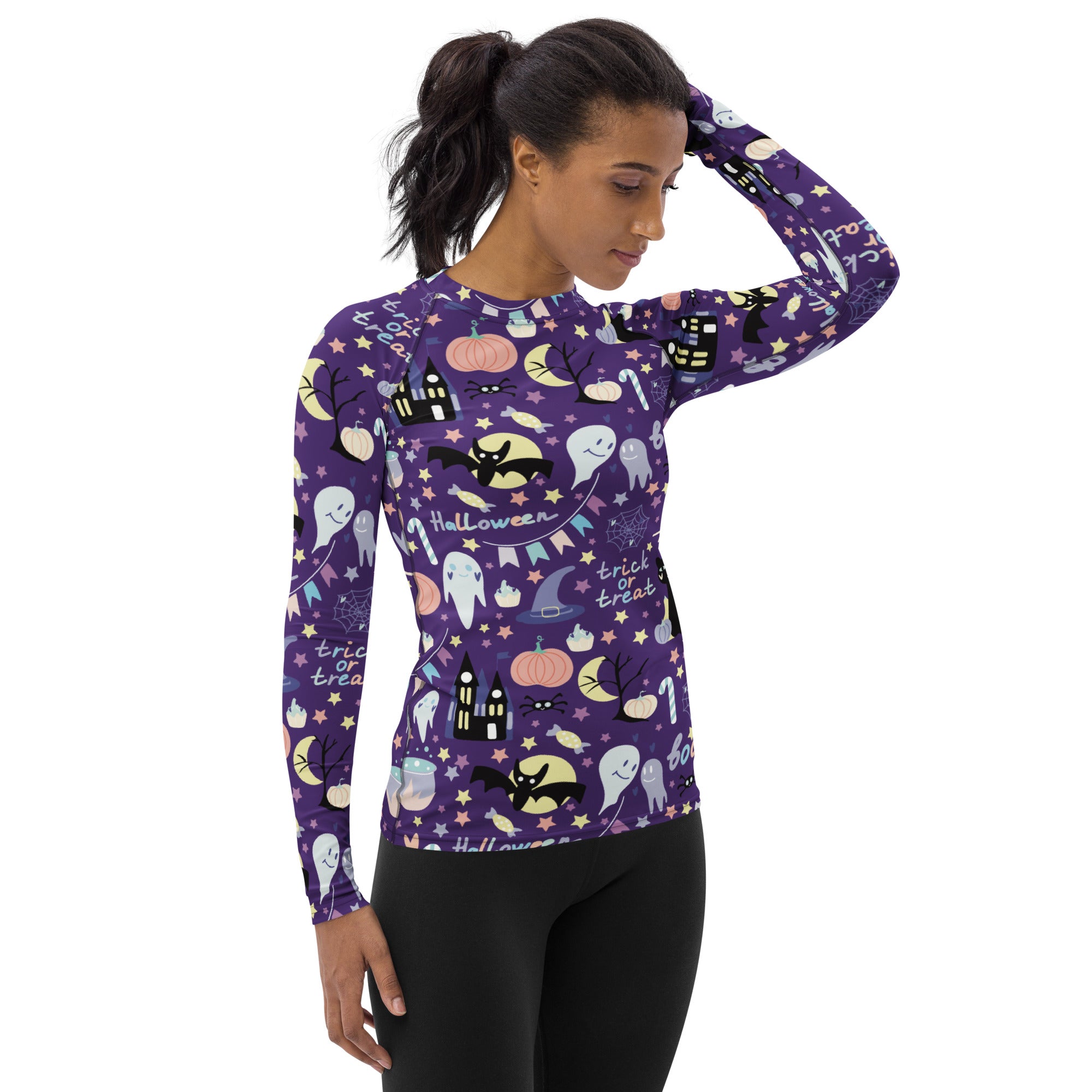 Women's Spooky Halloween Long Sleeve Rash Guard Swim Shirt – Buttery Soft, Sun Safe UPF 50+ Protection, Quick Dry & 4-Way Stretch Comfort