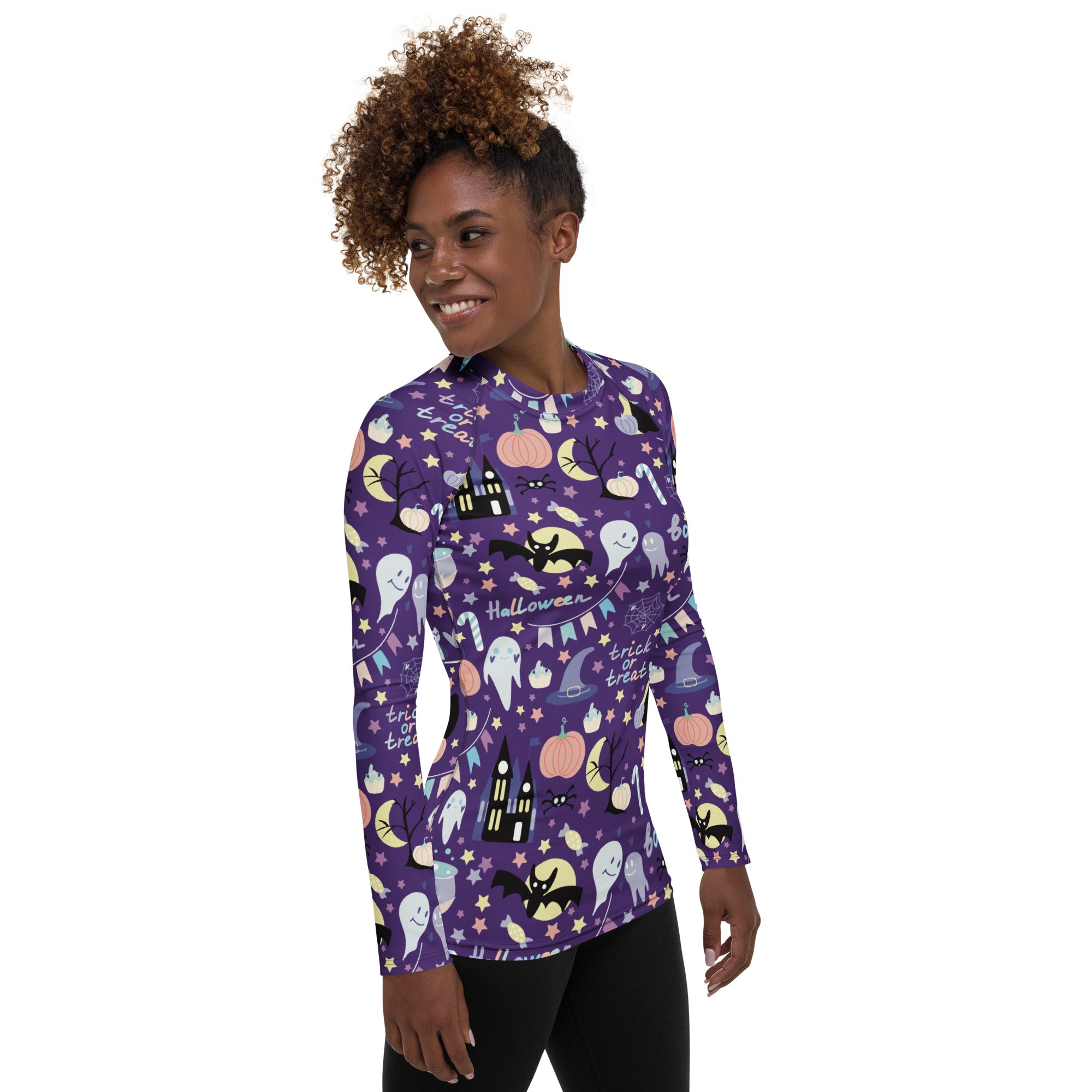 Women's Spooky Halloween Long Sleeve Rash Guard Swim Shirt – Buttery Soft, Sun Safe UPF 50+ Protection, Quick Dry & 4-Way Stretch Comfort