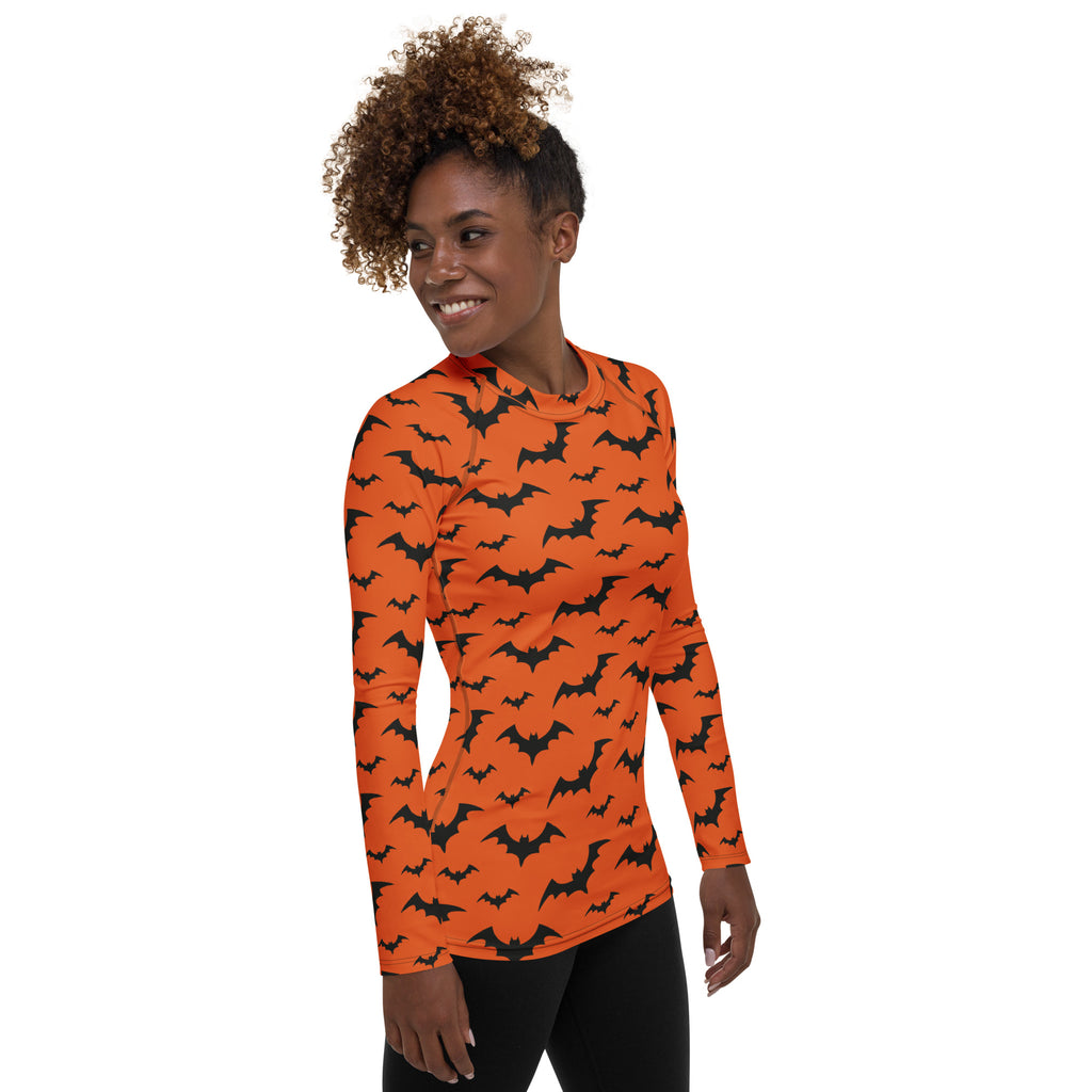 Women's Orange Bat Halloween Long Sleeve Rash Guard Swim Shirt – Buttery Soft, Sun Safe UPF 50+ Protection, Quick Dry & 4-Way Stretch Comfort