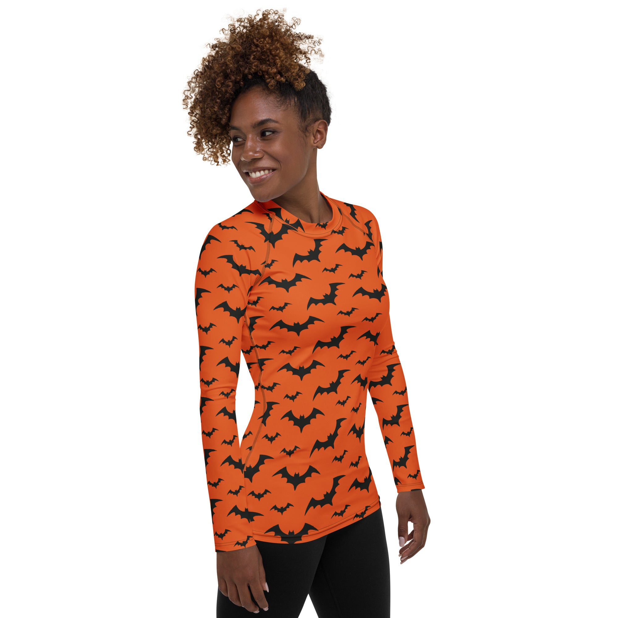Women's Orange Bat Halloween Long Sleeve Rash Guard Swim Shirt – Buttery Soft, Sun Safe UPF 50+ Protection, Quick Dry & 4-Way Stretch Comfort