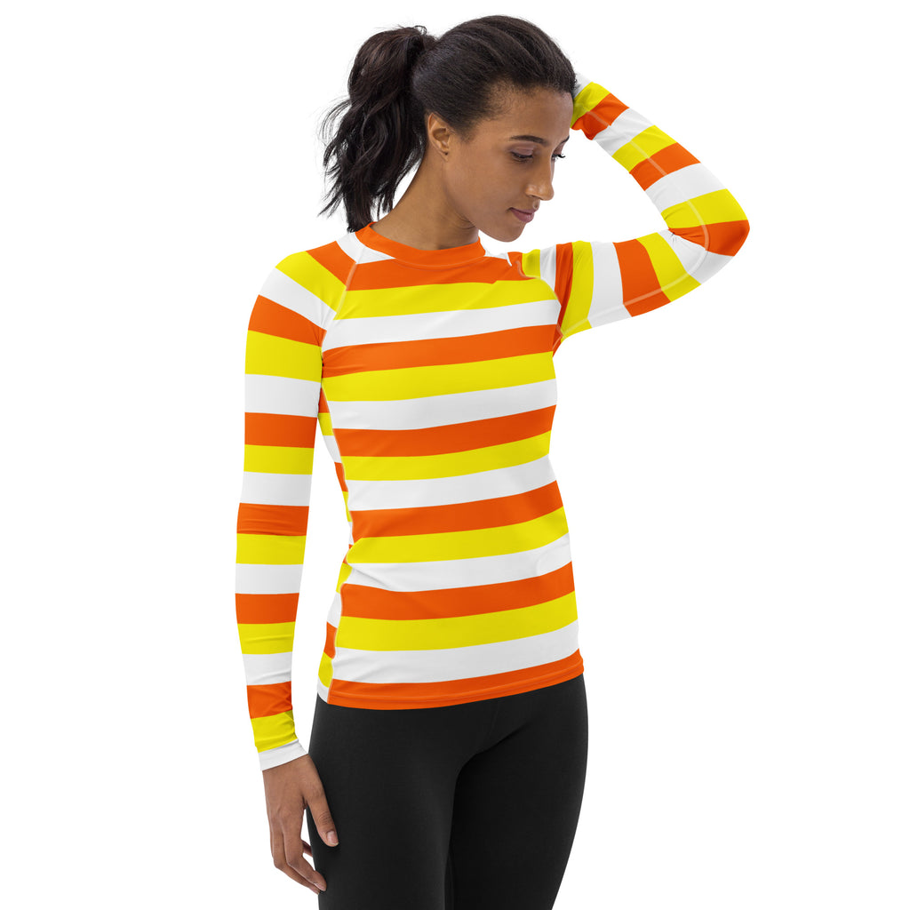 Women's Candy Corn Stripe Long Sleeve Rash Guard Swim Shirt – Buttery Soft, Sun Safe UPF 50+ Protection, Quick Dry & 4-Way Stretch Comfort
