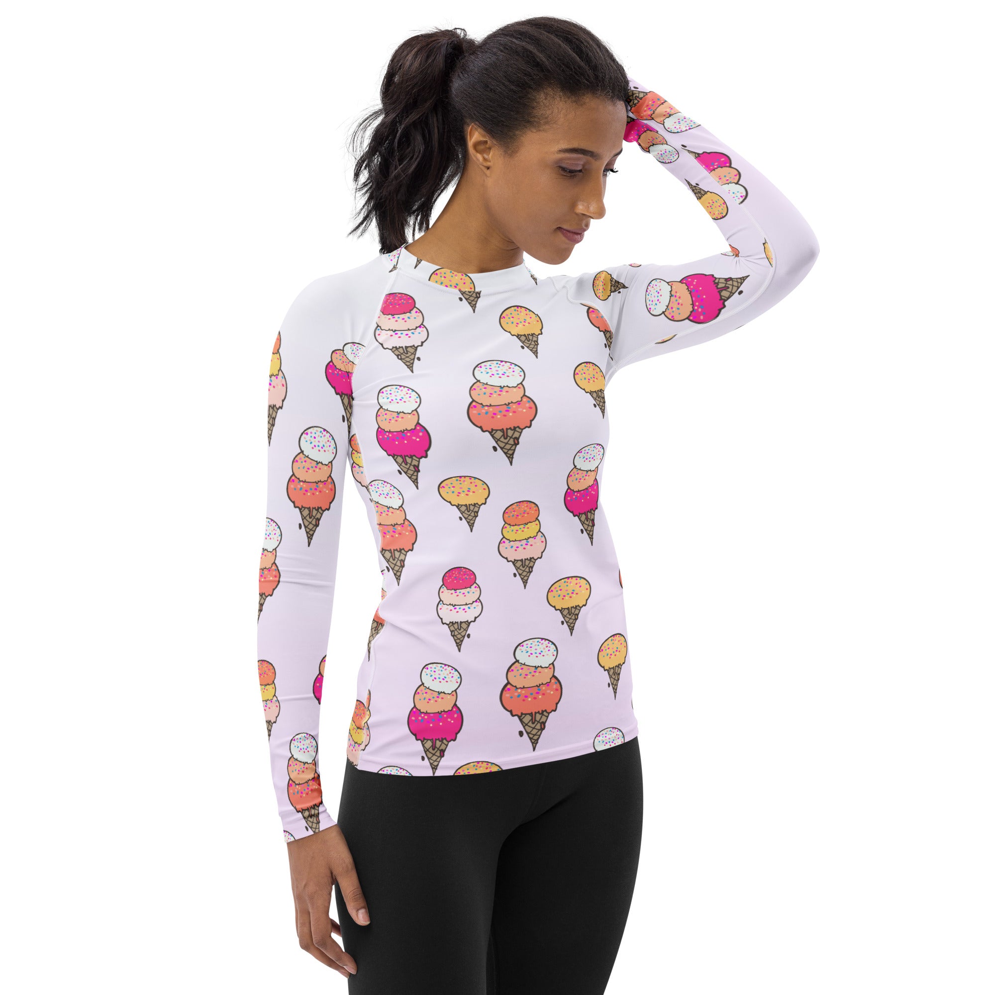 Women's Ice Cream Cone Long Sleeve Rash Guard Swim Shirt – Buttery Soft, Sun Safe UPF 50+ Protection, Quick Dry & 4-Way Stretch Comfort