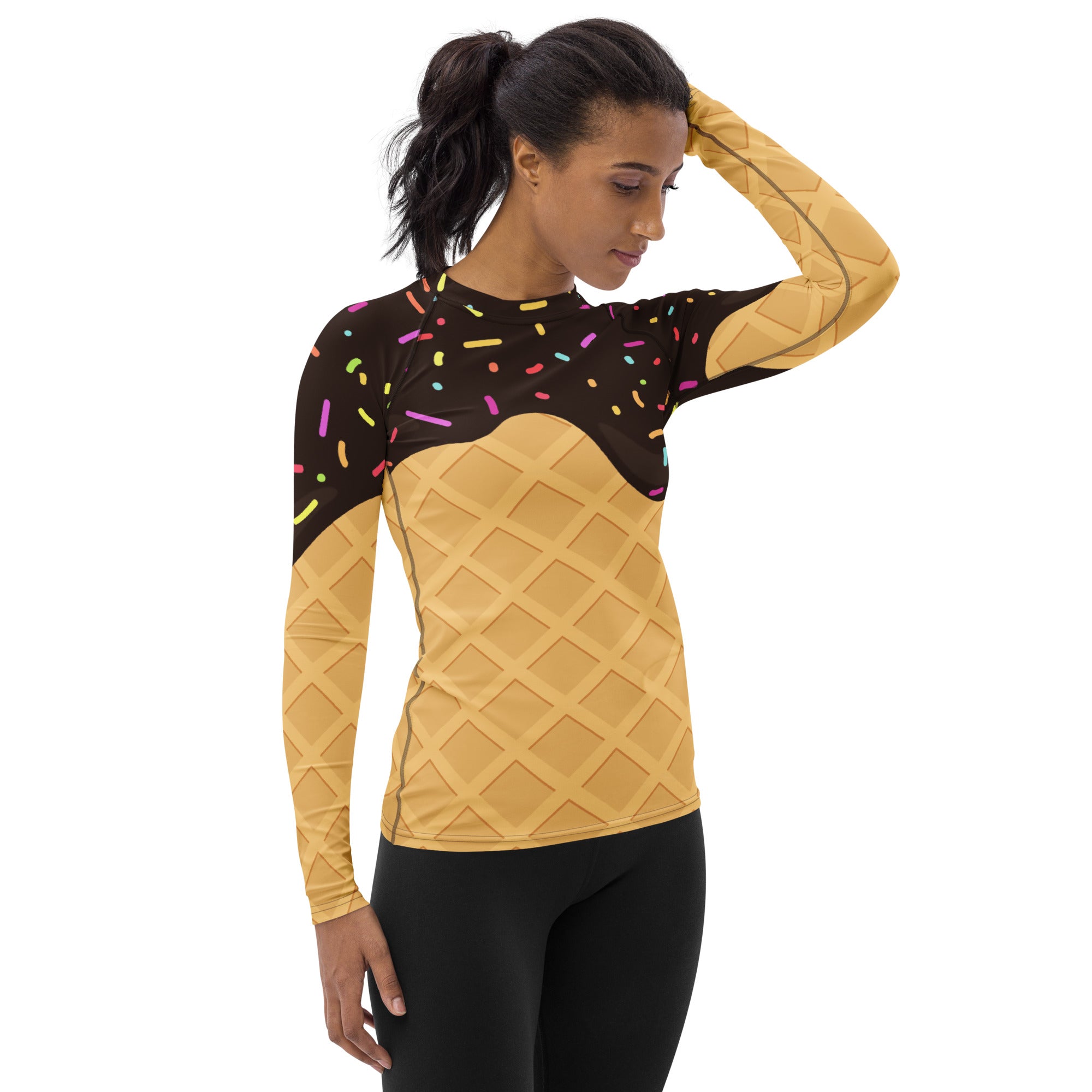 Women's Chocolate Ice Cream Cone Long Sleeve Rash Guard Swim Shirt – Buttery Soft, Sun Safe UPF 50+ Protection, Quick Dry & 4-Way Stretch Comfort