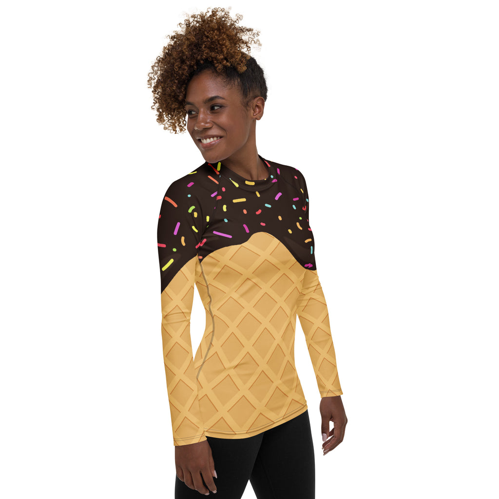 Women's Chocolate Ice Cream Cone Long Sleeve Rash Guard Swim Shirt – Buttery Soft, Sun Safe UPF 50+ Protection, Quick Dry & 4-Way Stretch Comfort