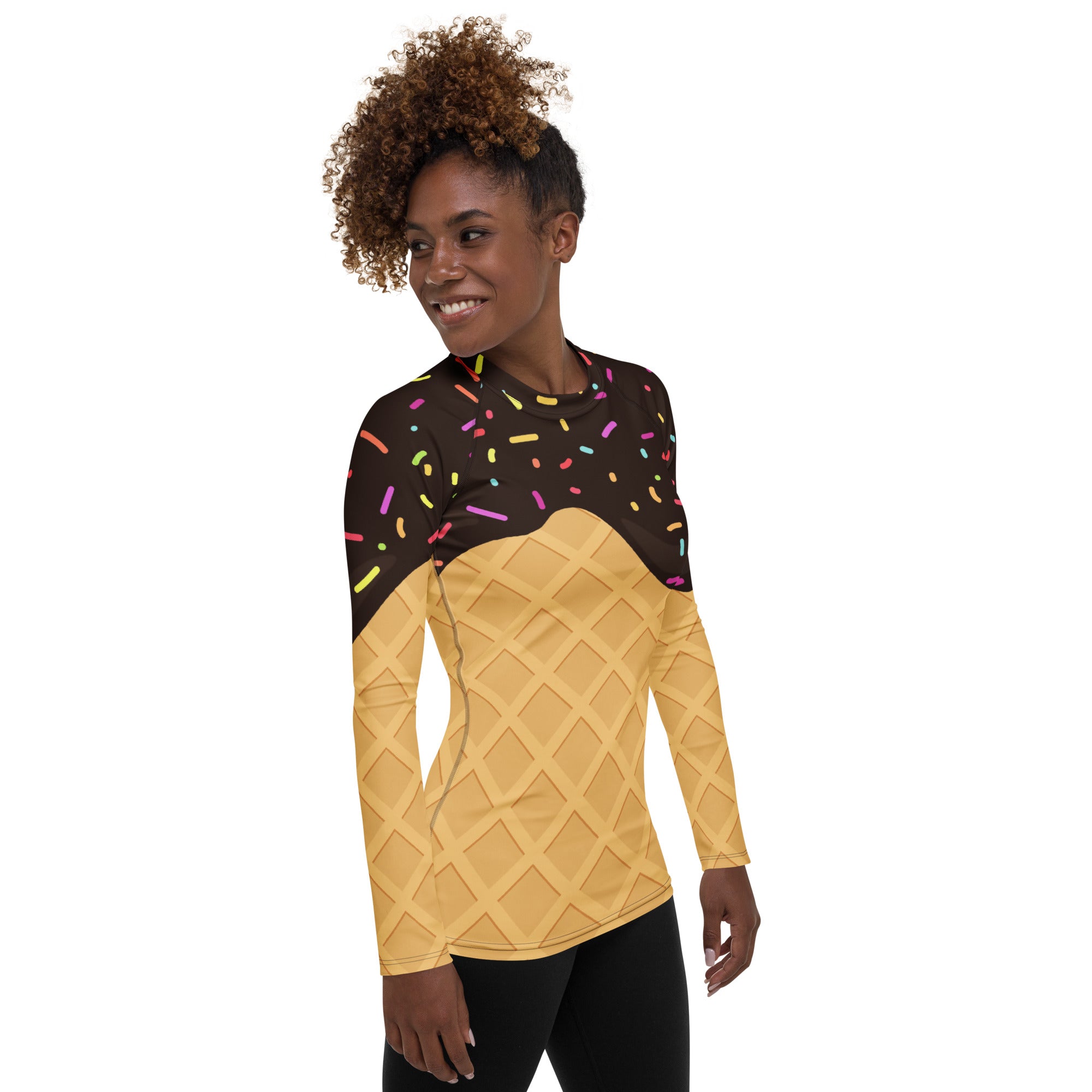Women's Chocolate Ice Cream Cone Long Sleeve Rash Guard Swim Shirt – Buttery Soft, Sun Safe UPF 50+ Protection, Quick Dry & 4-Way Stretch Comfort