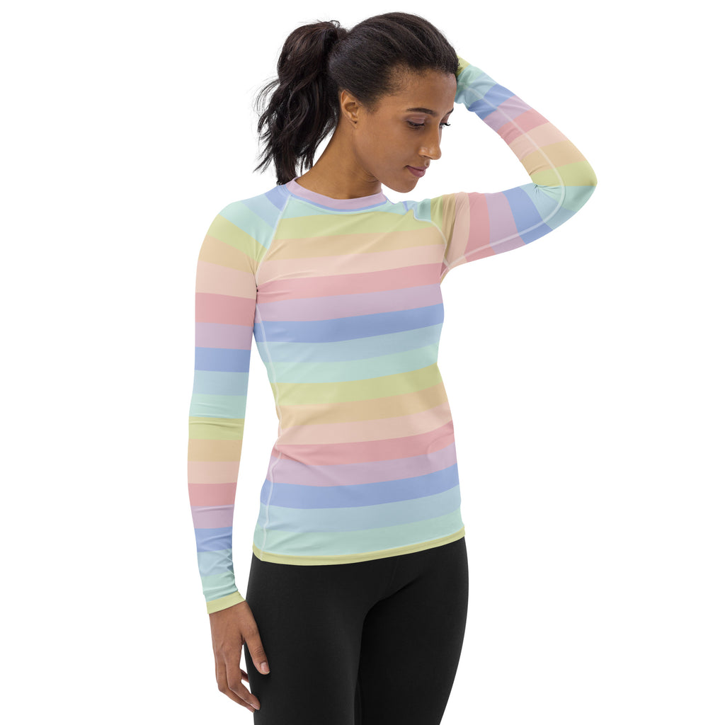 Women's Pastel Rainbow Stripe Long Sleeve Rash Guard Swim Shirt – Buttery Soft, Sun Safe UPF 50+ Protection, Quick Dry & 4-Way Stretch Comfort
