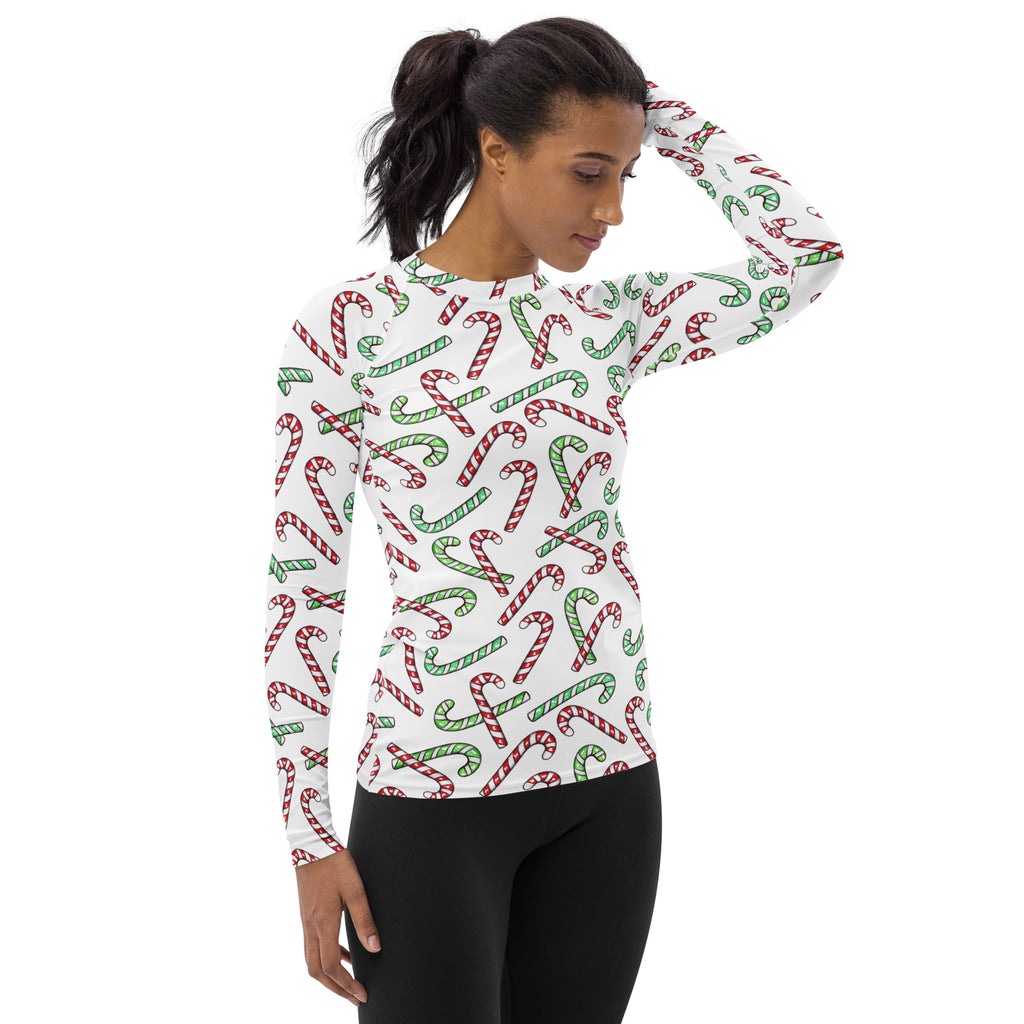 Women's Red & Green Candy Cane Long Sleeve Rash Guard Swim Shirt – Buttery Soft, Sun Safe UPF 50+ Protection, Quick Dry & 4-Way Stretch Comfort