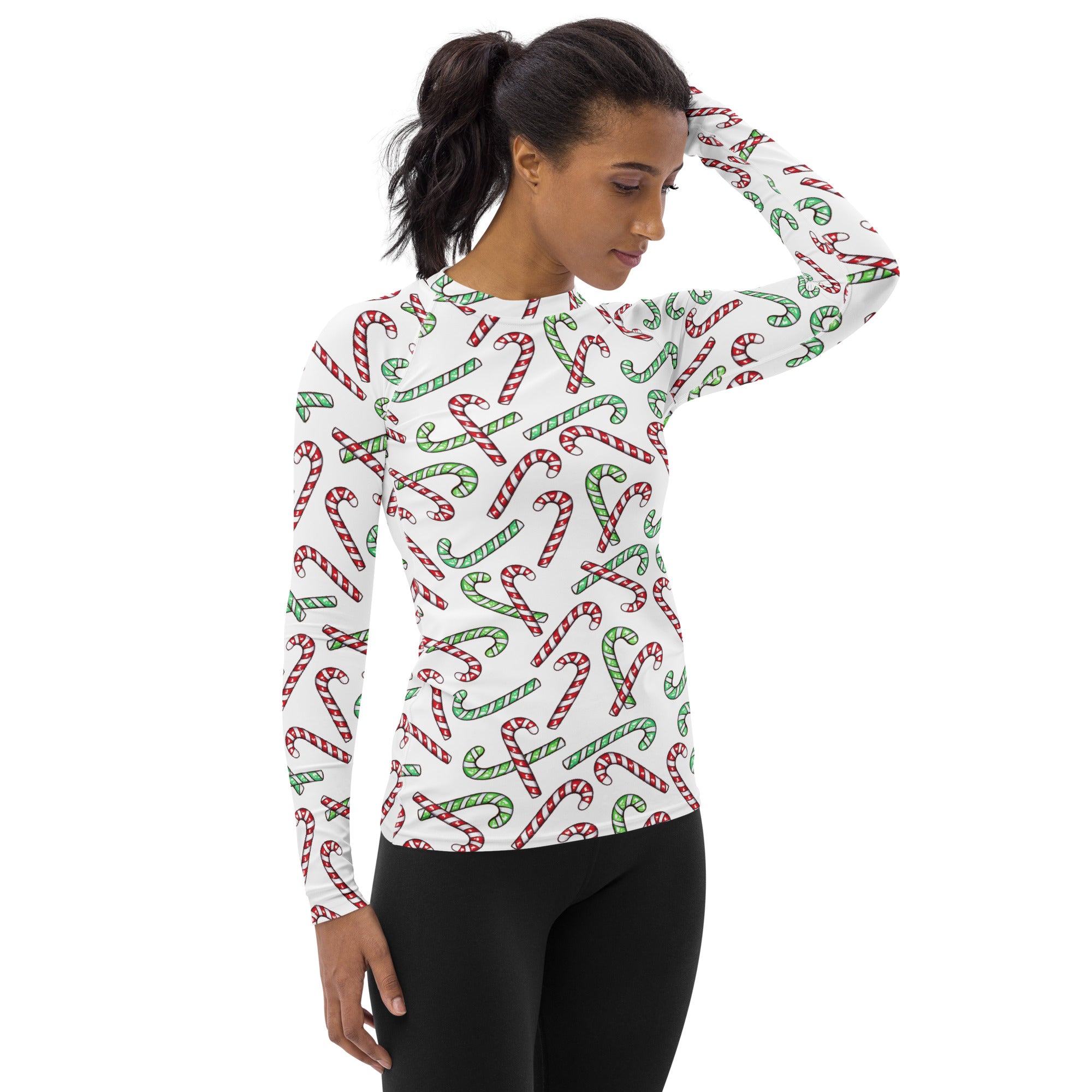 Women's Red & Green Candy Cane Long Sleeve Rash Guard Swim Shirt – Buttery Soft, Sun Safe UPF 50+ Protection, Quick Dry & 4-Way Stretch Comfort