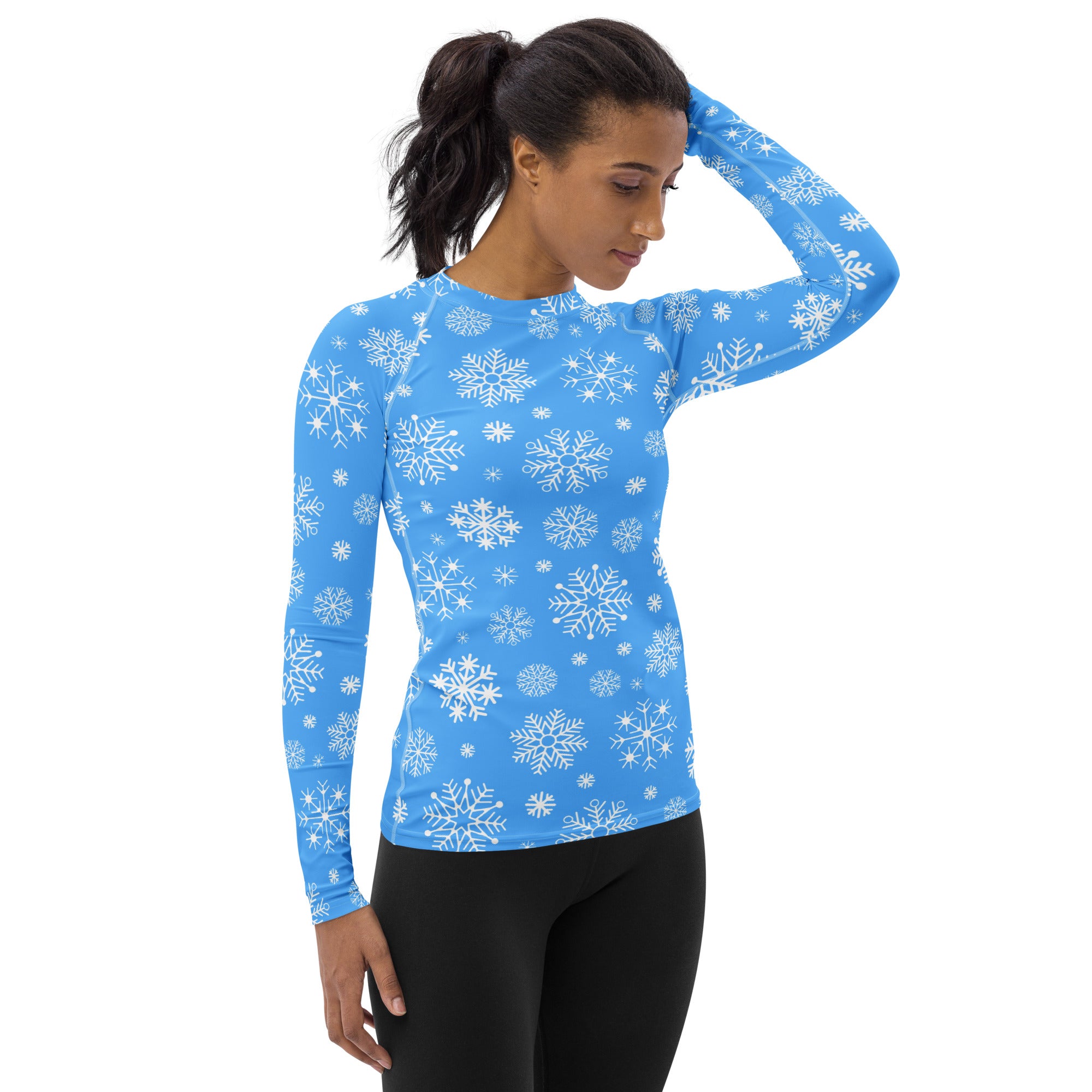 Women's Blue Snowflake Long Sleeve Rash Guard Swim Shirt – Buttery Soft, Sun Safe UPF 50+ Protection, Quick Dry & 4-Way Stretch Comfort