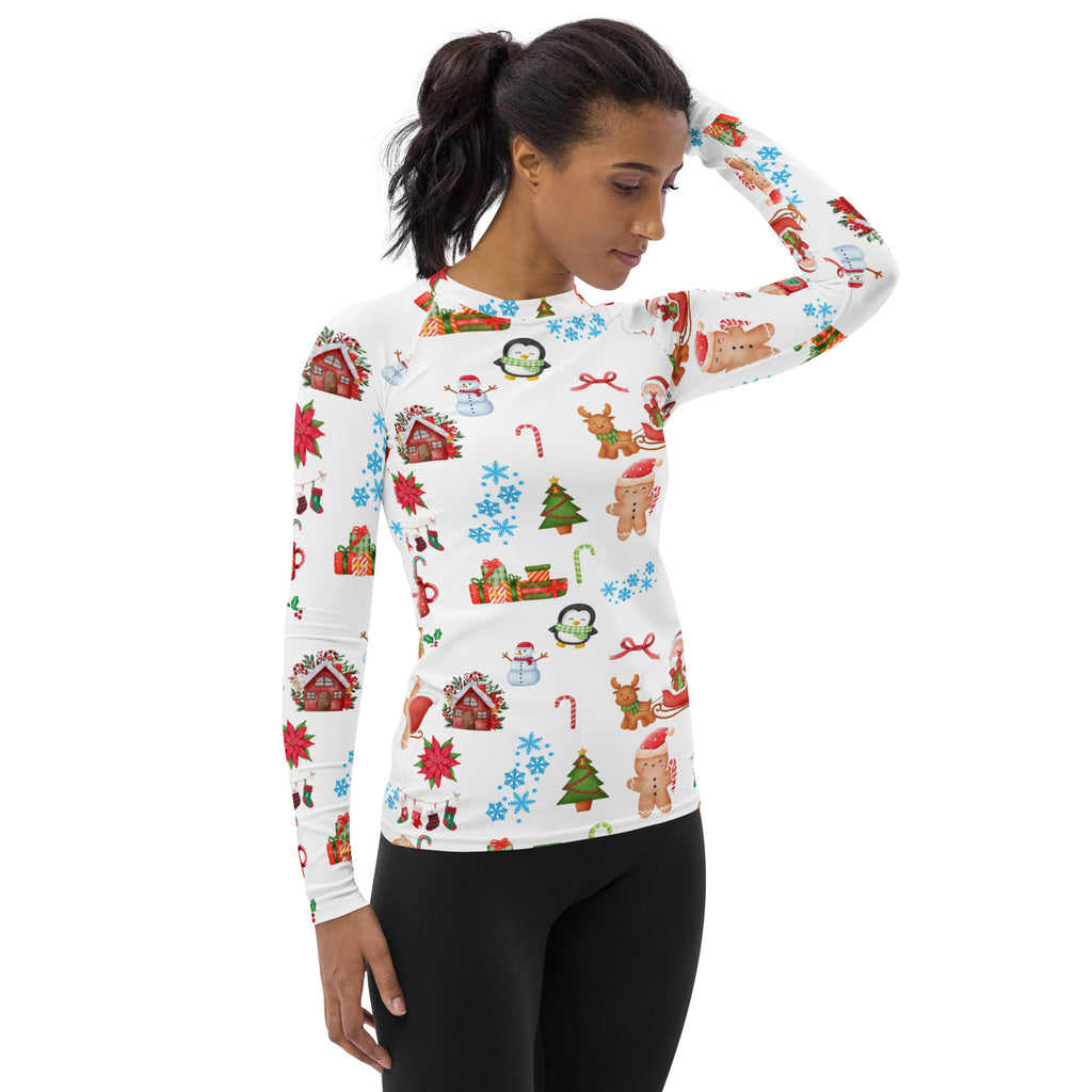 Women's Christmas Themed Long Sleeve Rash Guard Swim Shirt – Buttery Soft, Sun Safe UPF 50+ Protection, Quick Dry & 4-Way Stretch Comfort