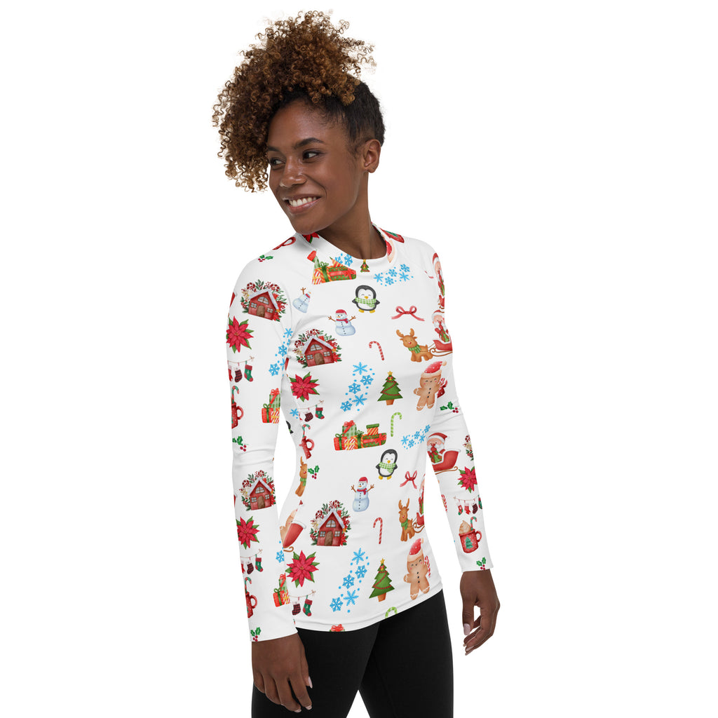 Women's Christmas Themed Long Sleeve Rash Guard Swim Shirt – Buttery Soft, Sun Safe UPF 50+ Protection, Quick Dry & 4-Way Stretch Comfort