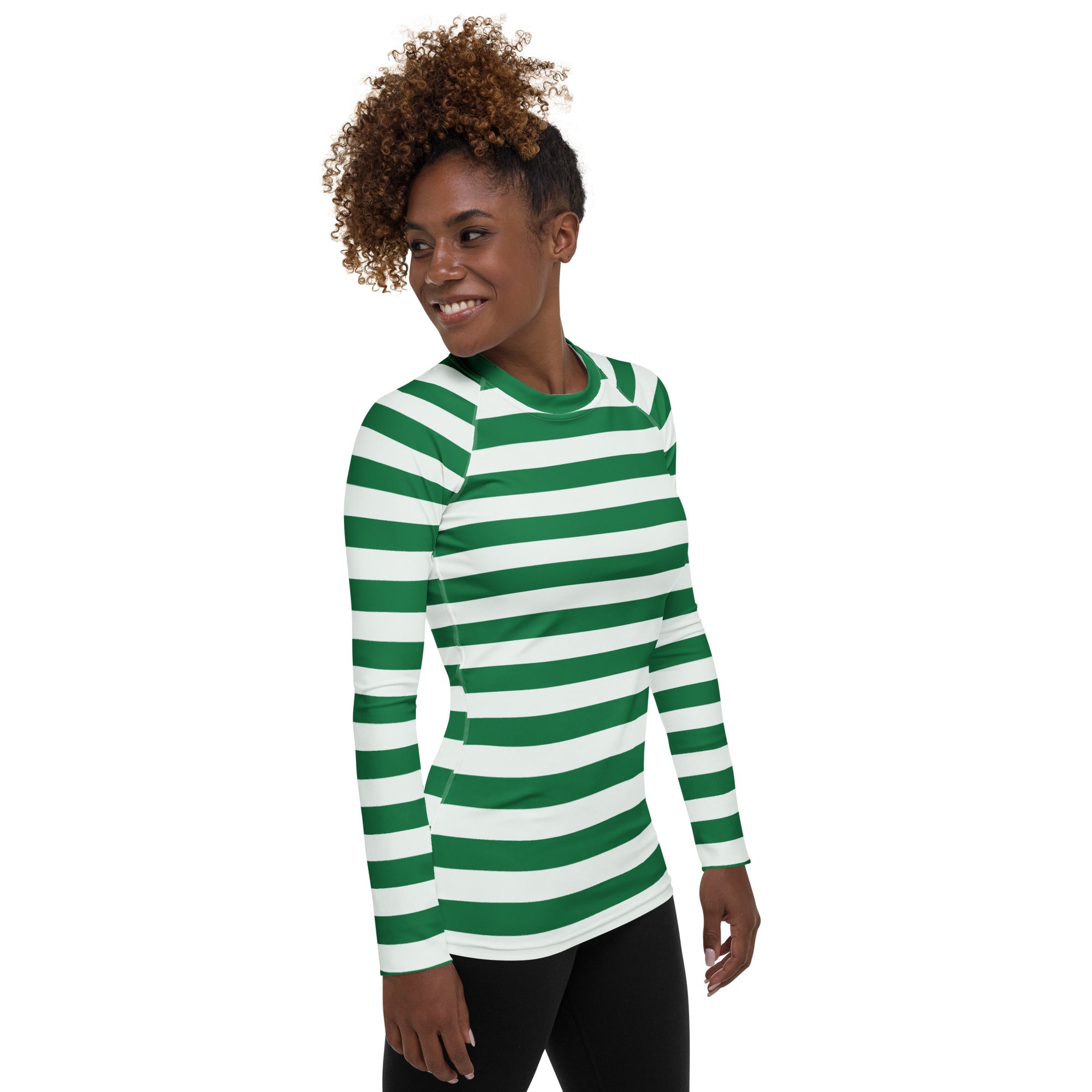 Women's Green & White Striped Long Sleeve Rash Guard Swim Shirt – Buttery Soft, Sun Safe UPF 50+ Protection, Quick Dry & 4-Way Stretch Comfort